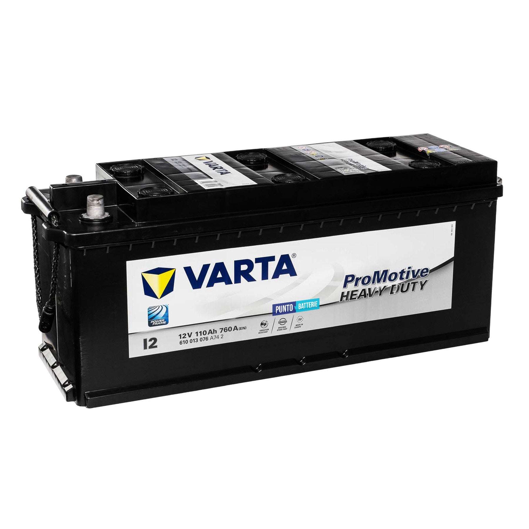 Batteria originale Varta Promotive Heavy Duty I2, dimensioni 514 x 175 x 210, polo positivo a sinistra, 12 volt, 110 amperora, 760 ampere. Batteria per camion e veicoli pesanti.