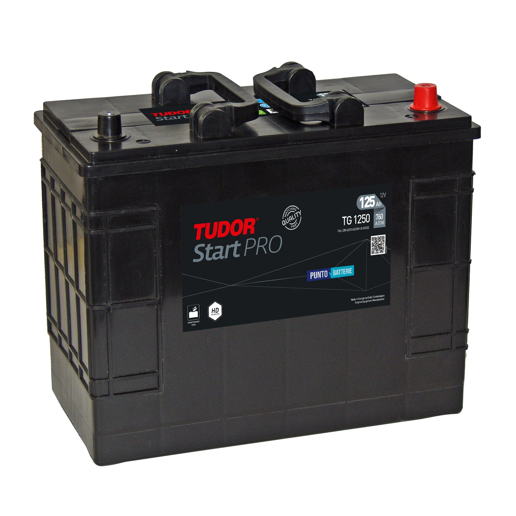 Batteria originale Tudor Start PRO TG1250, dimensioni 349 x 175 x 285, polo positivo a destra, 12 volt, 125 amperora, 760 ampere. Batteria per camion e veicoli pesanti.