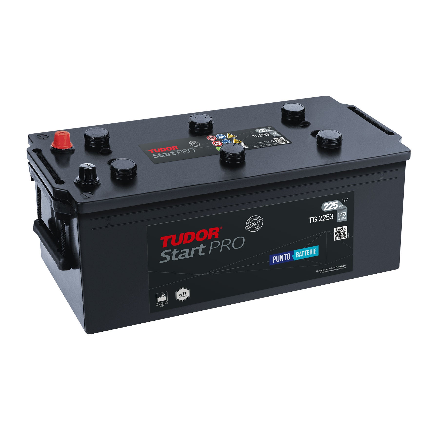 Batteria originale Tudor Start PRO TG2253, dimensioni 518 x 274 x 240, polo positivo a sinistra, 12 volt, 225 amperora, 1200 ampere. Batteria per camion e veicoli pesanti.