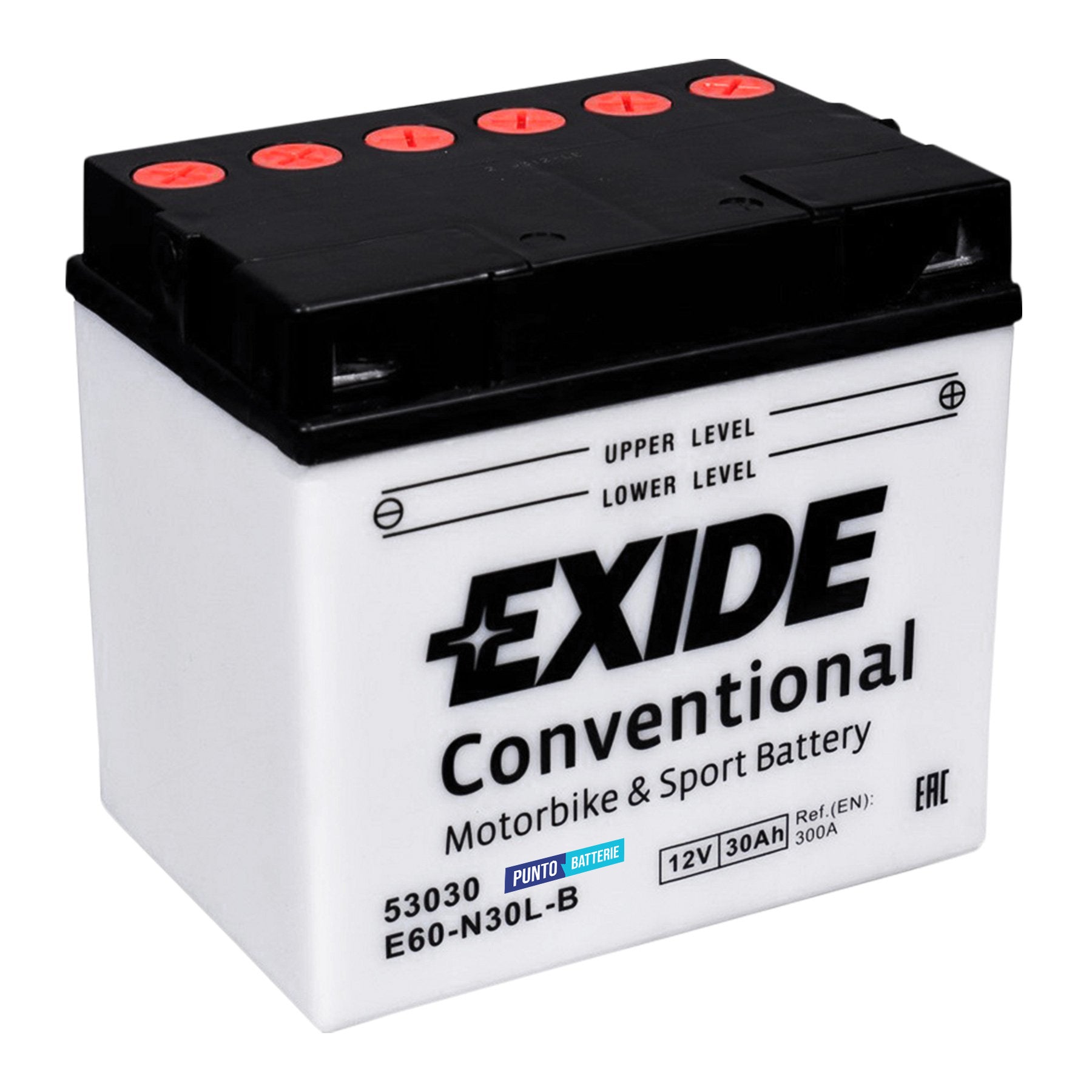 Batteria originale Exide Conventional E60-N30L-B, dimensioni 185 x 130 x 170, polo positivo a destra, 12 volt, 30 amperora, 300 ampere. Batteria per moto, scooter e powersport.
