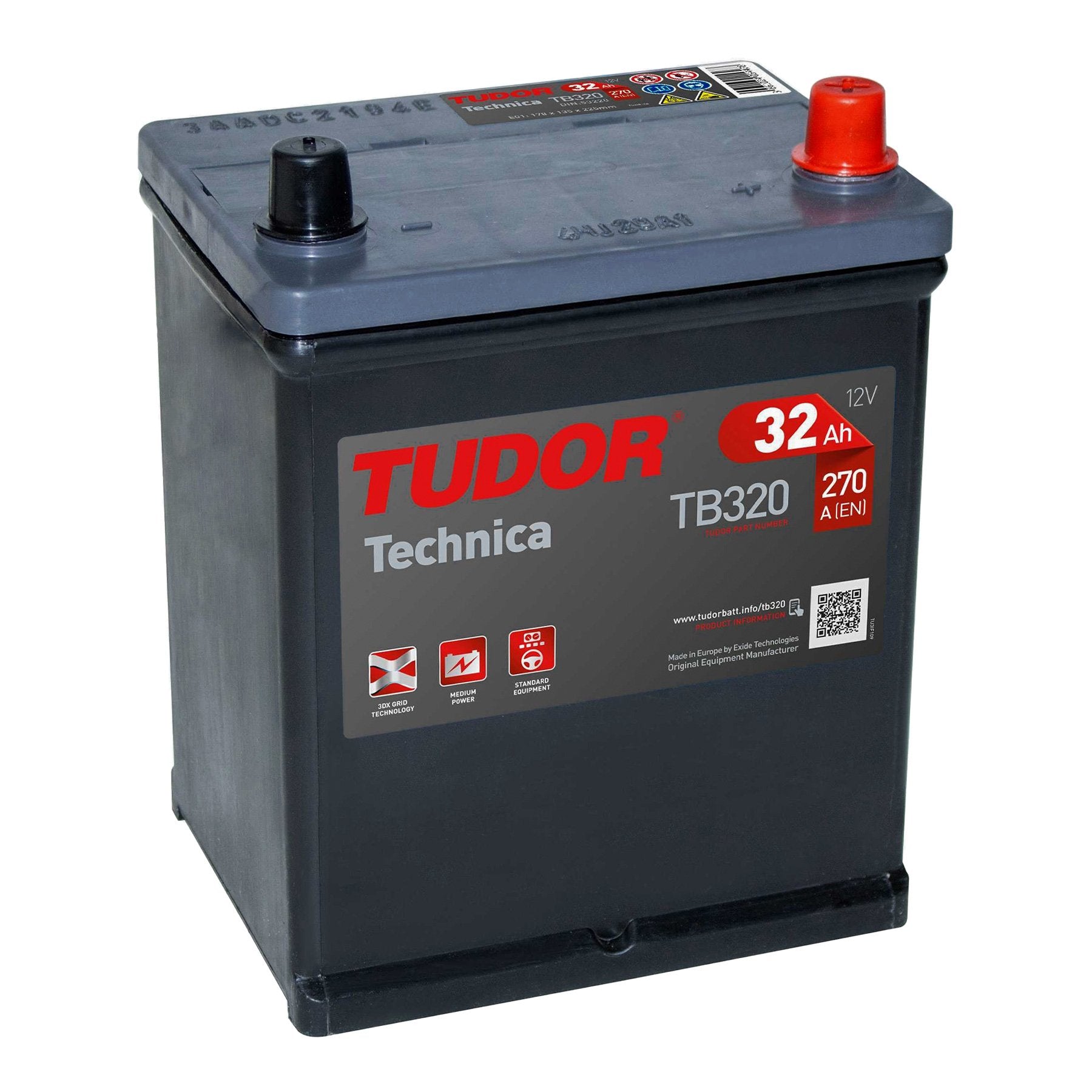 Batteria originale Tudor Technica TB320, dimensioni 178 x 135 x 225, polo positivo a destra, 12 volt, 32 amperora, 270 ampere. Batteria per auto e veicoli leggeri.