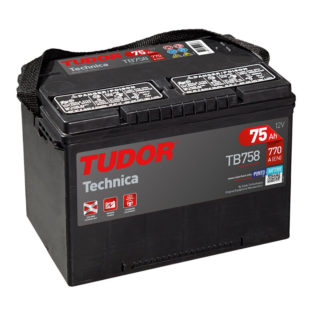 Batteria originale Tudor Technica TB758, dimensioni 260 x 180 x 186, polo positivo a sinistra, 12 volt, 75 amperora, 770 ampere. Batteria per auto e veicoli leggeri.