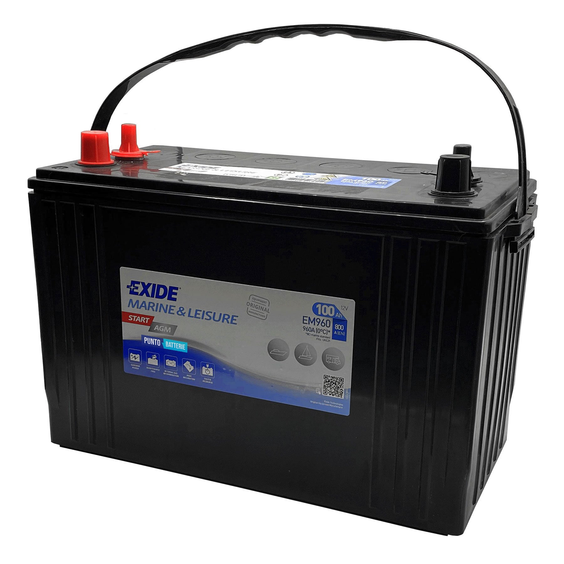 Batteria originale Exide Start AGM EM960, dimensioni 347 x 174 x 238, 12 volt, 100 amperora, AGM. Batteria per nautica e campeggio.