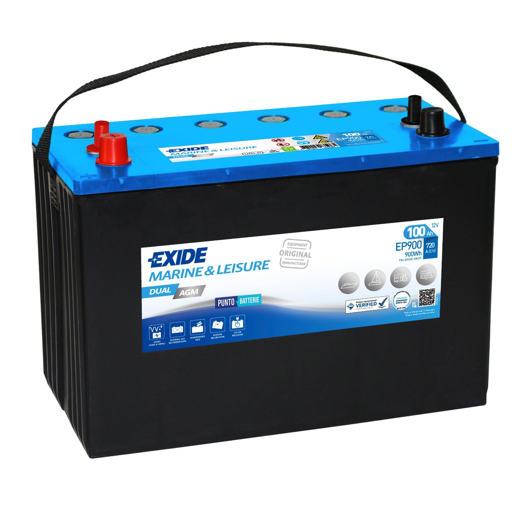Batteria originale Exide Dual AGM EP900, dimensioni 347 x 174 x 238, 12 volt, 100 amperora, AGM. Batteria per servizi di camper, barca e applicazioni a scarica lenta.