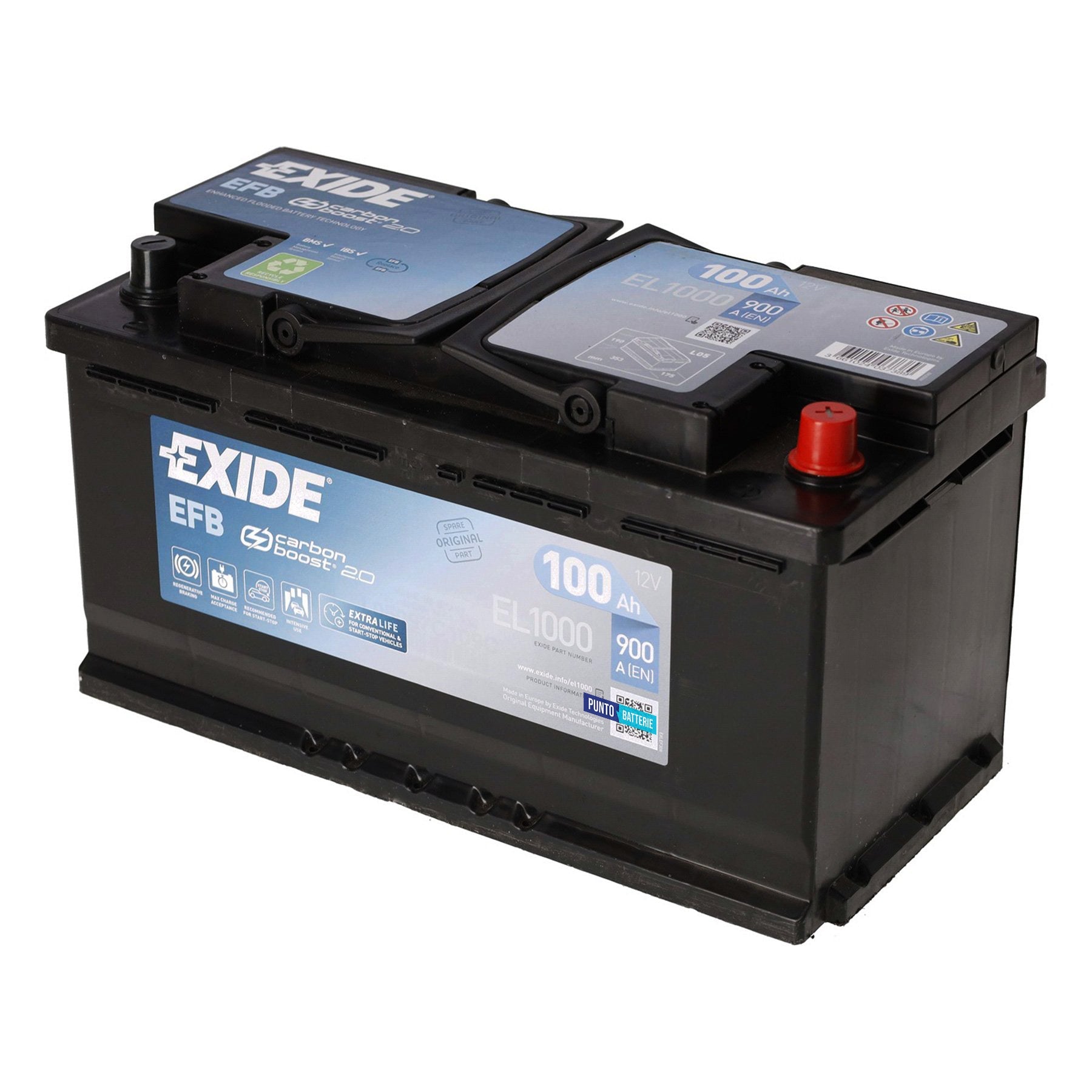 Batteria originale Exide EFB EL1000, dimensioni 353 x 175 x 190, polo positivo a destra, 12 volt, 100 amperora, 900 ampere, EFB. Batteria per auto e veicoli leggeri con start e stop.