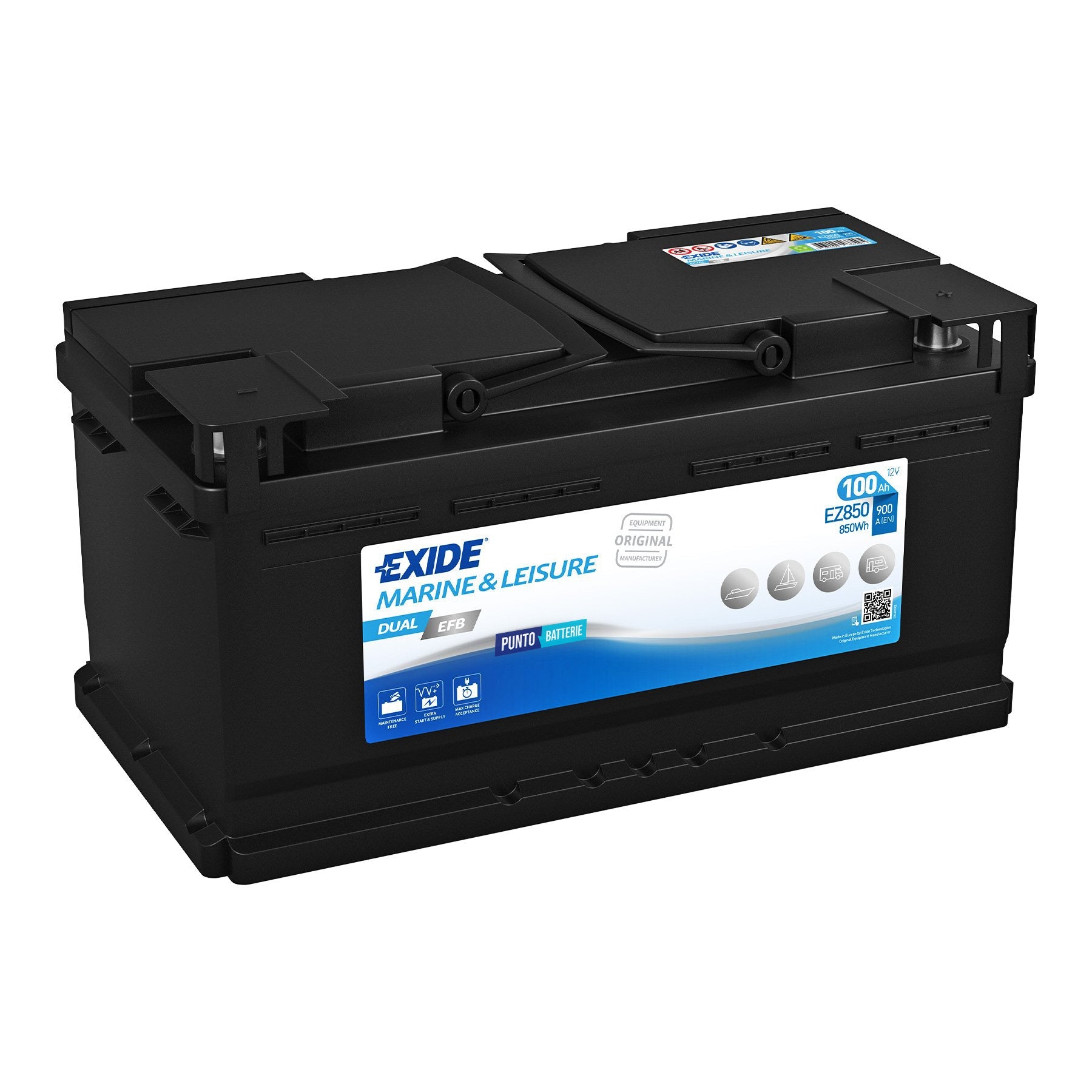 Batteria originale Exide Dual EFB EZ850, dimensioni 353 x 175 x 190, 12 volt, 100 amperora, EFB. Batteria per servizi di camper, barca e applicazioni a scarica lenta.
