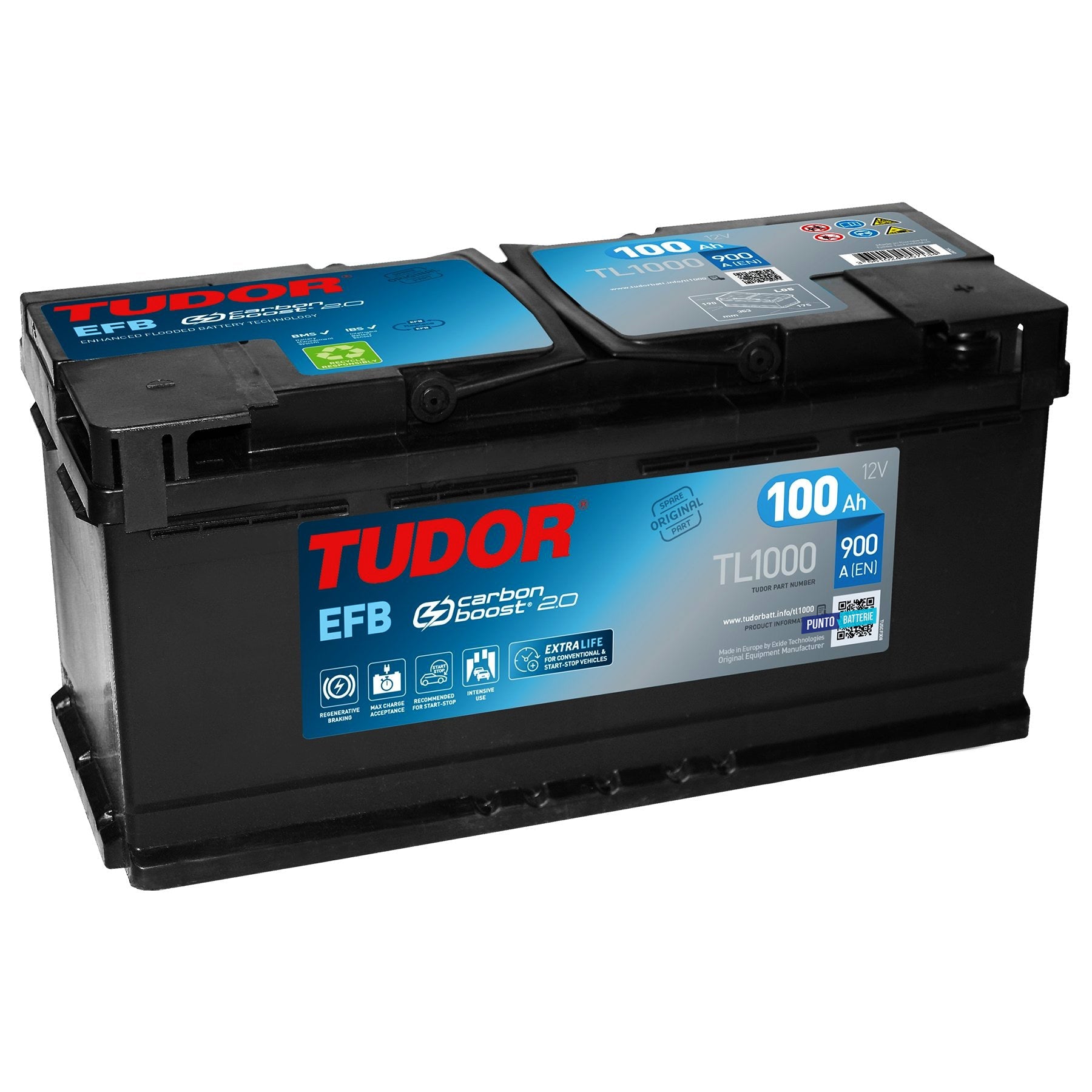Batteria originale Tudor EFB TL1000, dimensioni 353 x 175 x 190, polo positivo a destra, 12 volt, 100 amperora, 900 ampere, EFB. Batteria per auto e veicoli leggeri con start e stop.