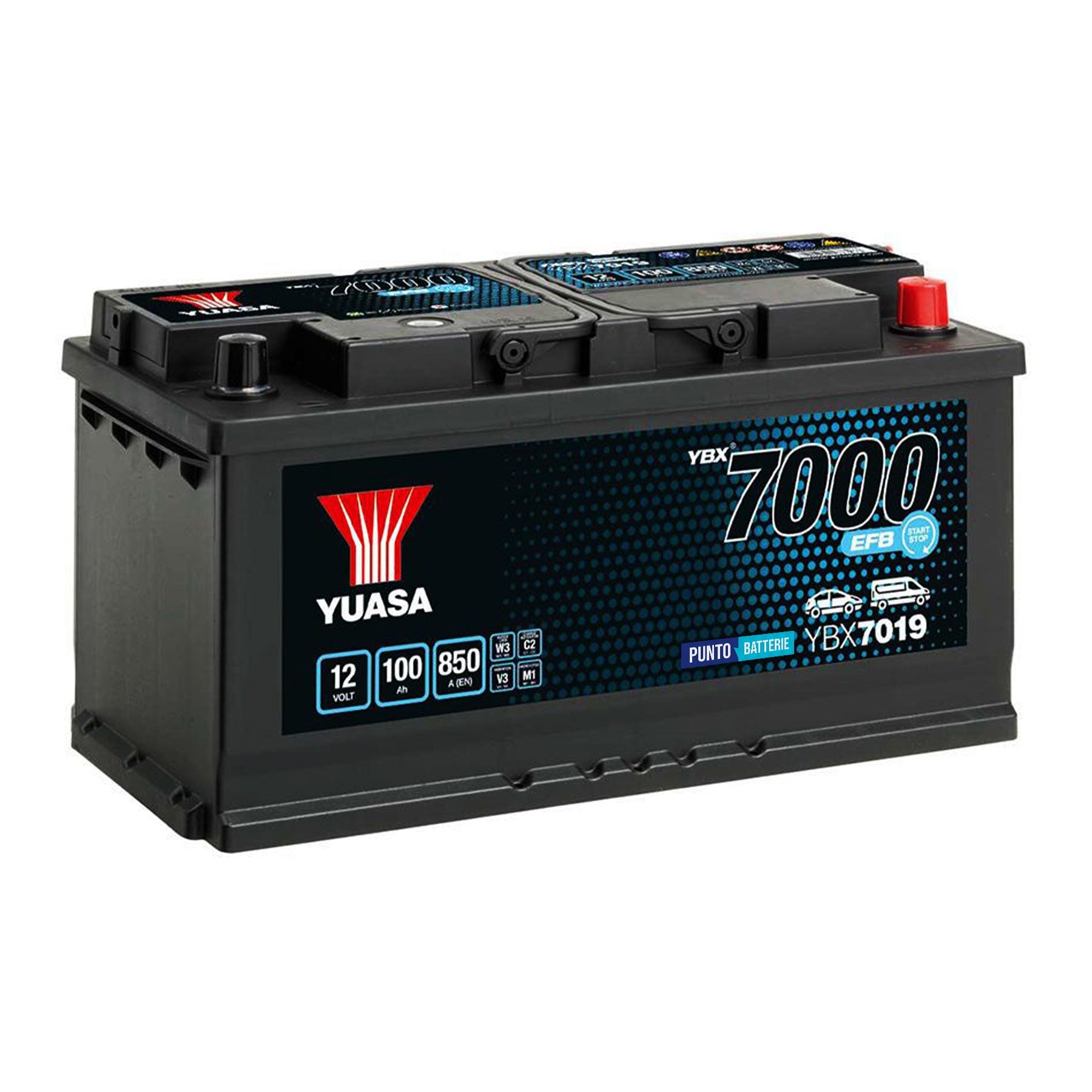 Batteria originale Yuasa YBX7000 YBX7019, dimensioni 353 x 175 x 190, polo positivo a destra, 12 volt, 100 amperora, 850 ampere, EFB. Batteria per auto e veicoli leggeri con start e stop.