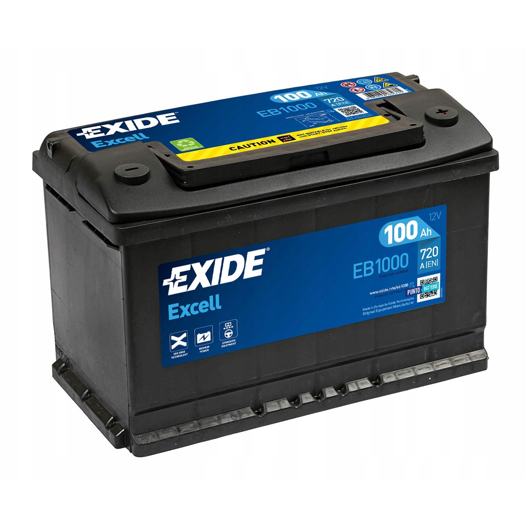 Batteria originale Exide Excell EB1000, dimensioni 315 x 175 x 205, polo positivo a destra, 12 volt, 100 amperora, 720 ampere. Batteria per auto e veicoli leggeri.