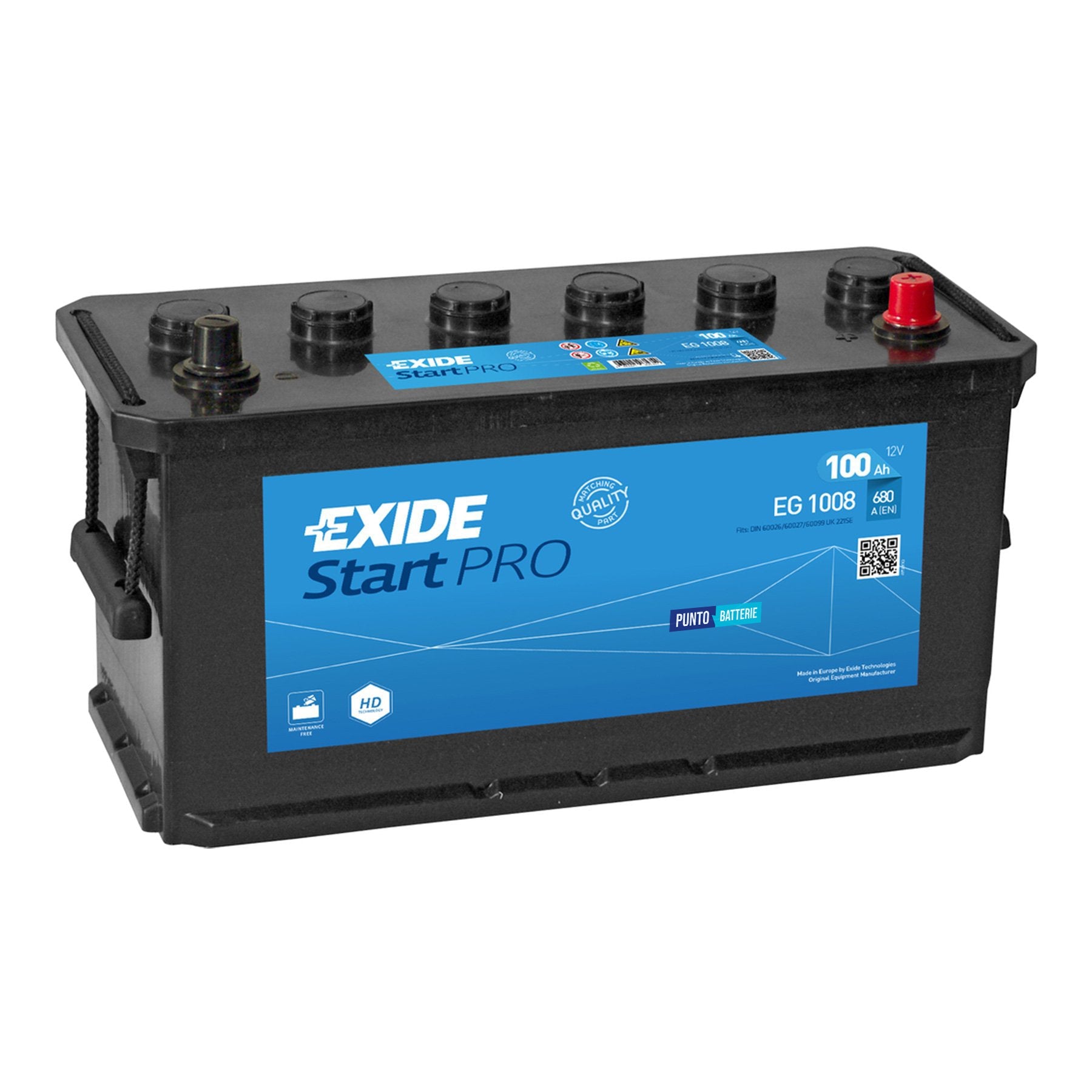 Batteria originale Exide Start PRO EG1008, dimensioni 413 x 175 x 220, polo positivo a destra, 12 volt, 100 amperora, 680 ampere. Batteria per camion e veicoli pesanti.