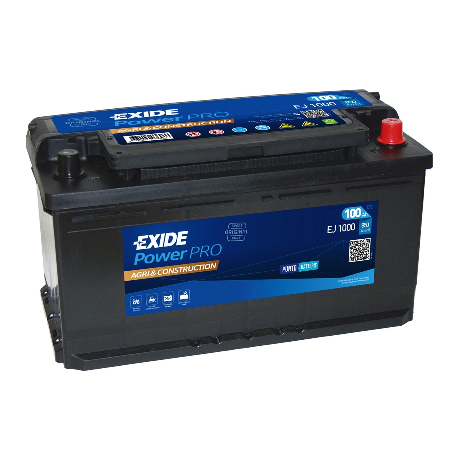 Batteria originale Exide Power PRO Agri & Construction EJ1000, dimensioni 353 x 175 x 190, polo positivo a destra, 12 volt, 100 amperora, 850 ampere. Batteria per camion e veicoli pesanti.