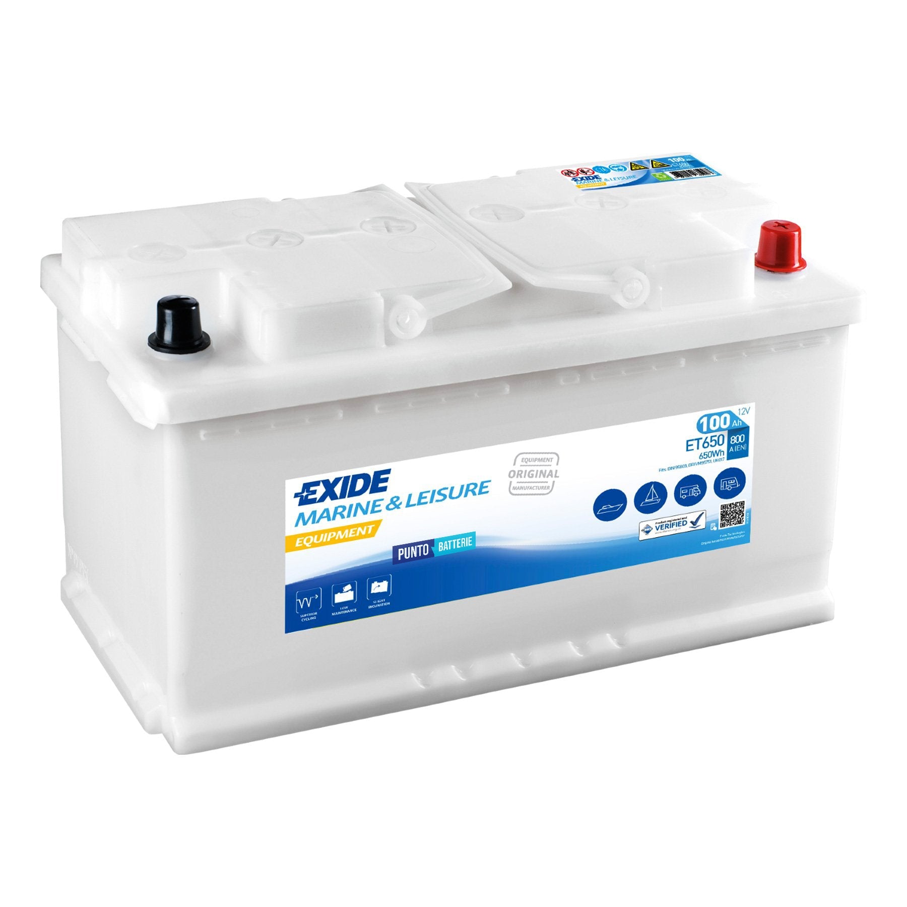 Batteria originale Exide Equipment ET650, dimensioni 353 x 175 x 190, 12 volt, 100 amperora. Batteria per servizi di camper, barca e applicazioni a scarica lenta.