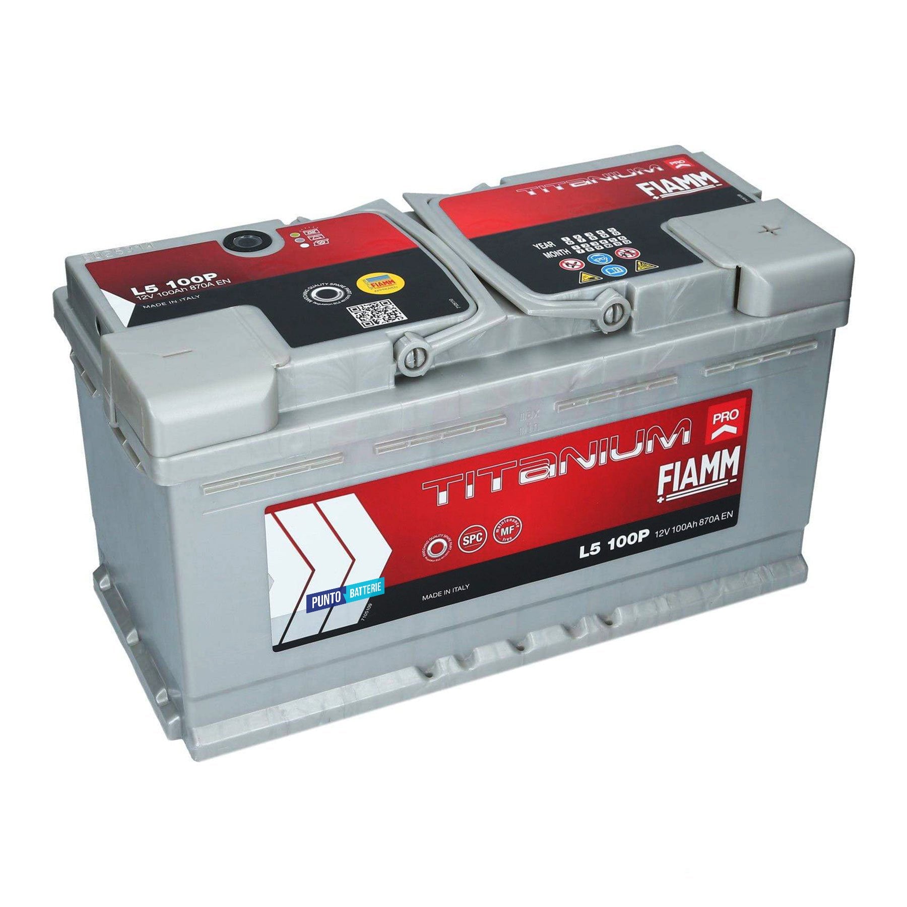 Batteria originale Fiamm Titanium PRO L5 100P, dimensioni 353 x 175 x 190, polo positivo a destra, 12 volt, 100 amperora, 870 ampere. Batteria per auto e veicoli leggeri.