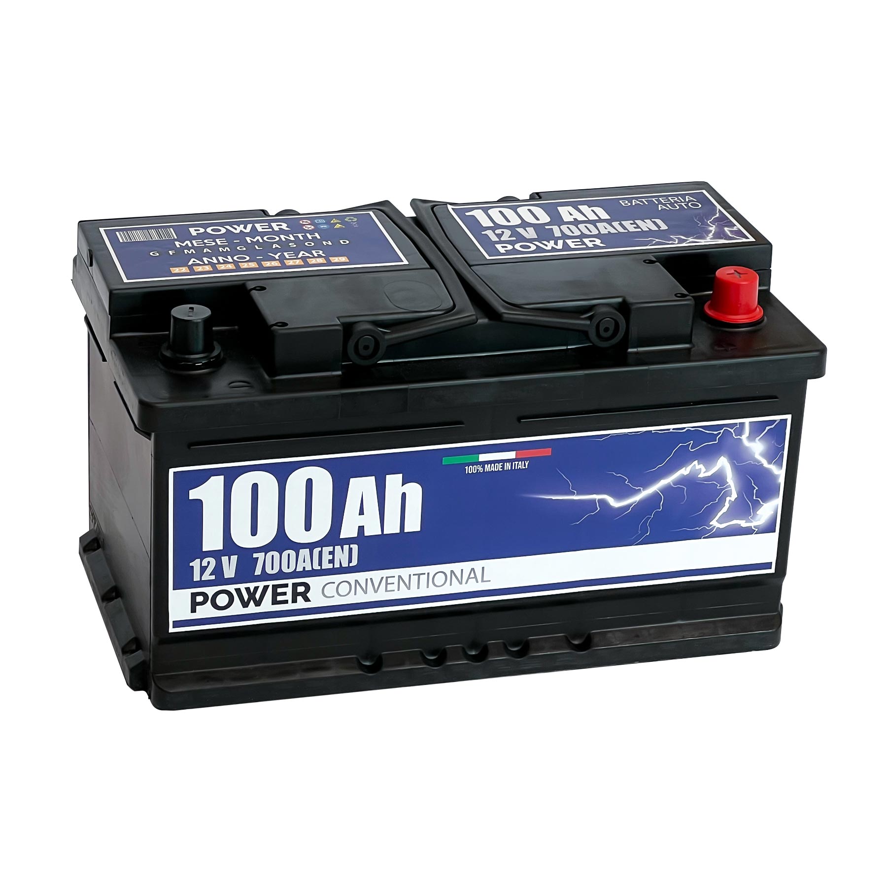 Batteria originale Power Conventional PB1002, dimensioni 315 x 175 x 175, polo positivo a destra, 12 volt, 100 amperora, 700 ampere. Batteria per auto e veicoli leggeri.