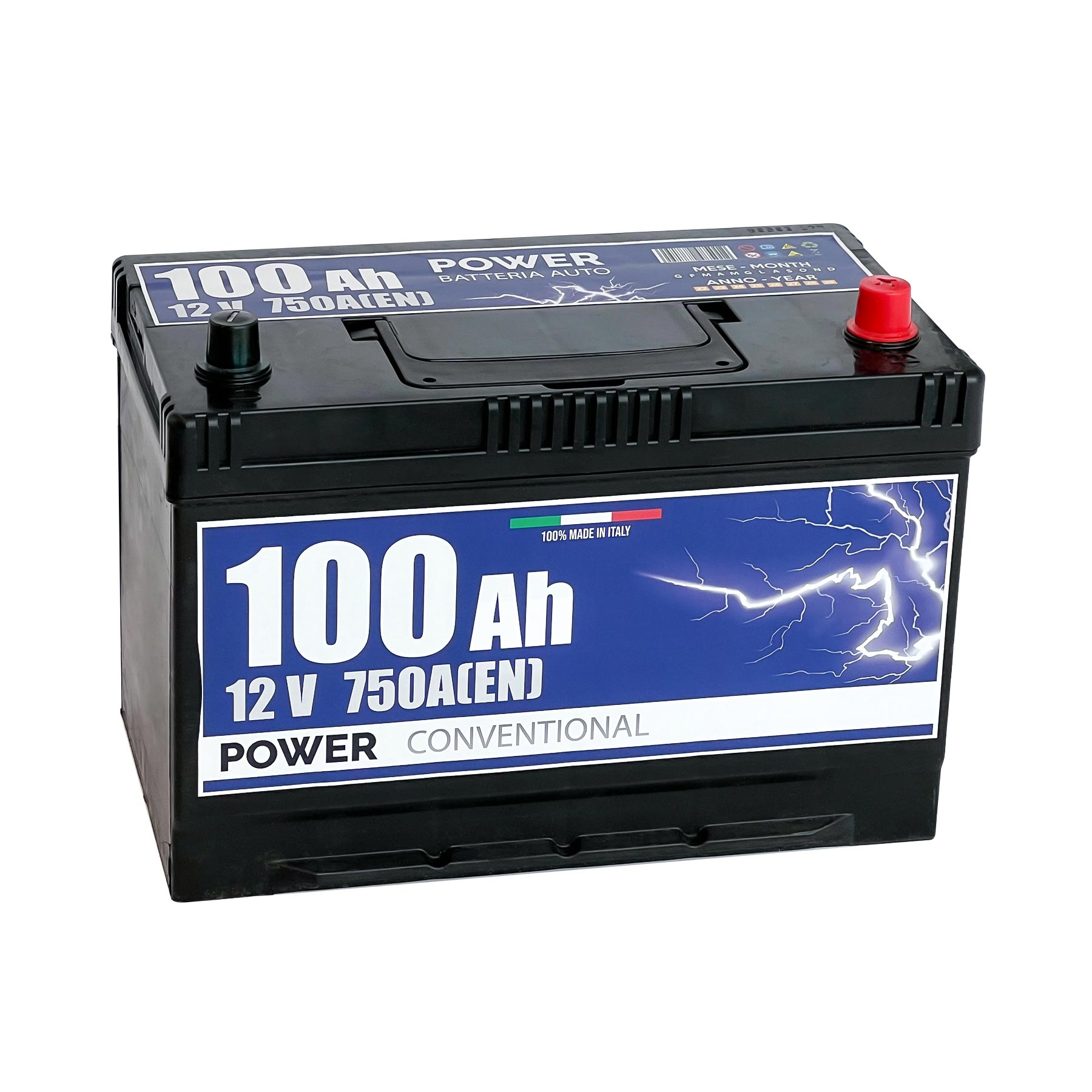 Batteria originale Power Conventional PB1004, dimensioni 306 x 172 x 225, polo positivo a destra, 12 volt, 100 amperora, 750 ampere. Batteria per auto e veicoli leggeri.