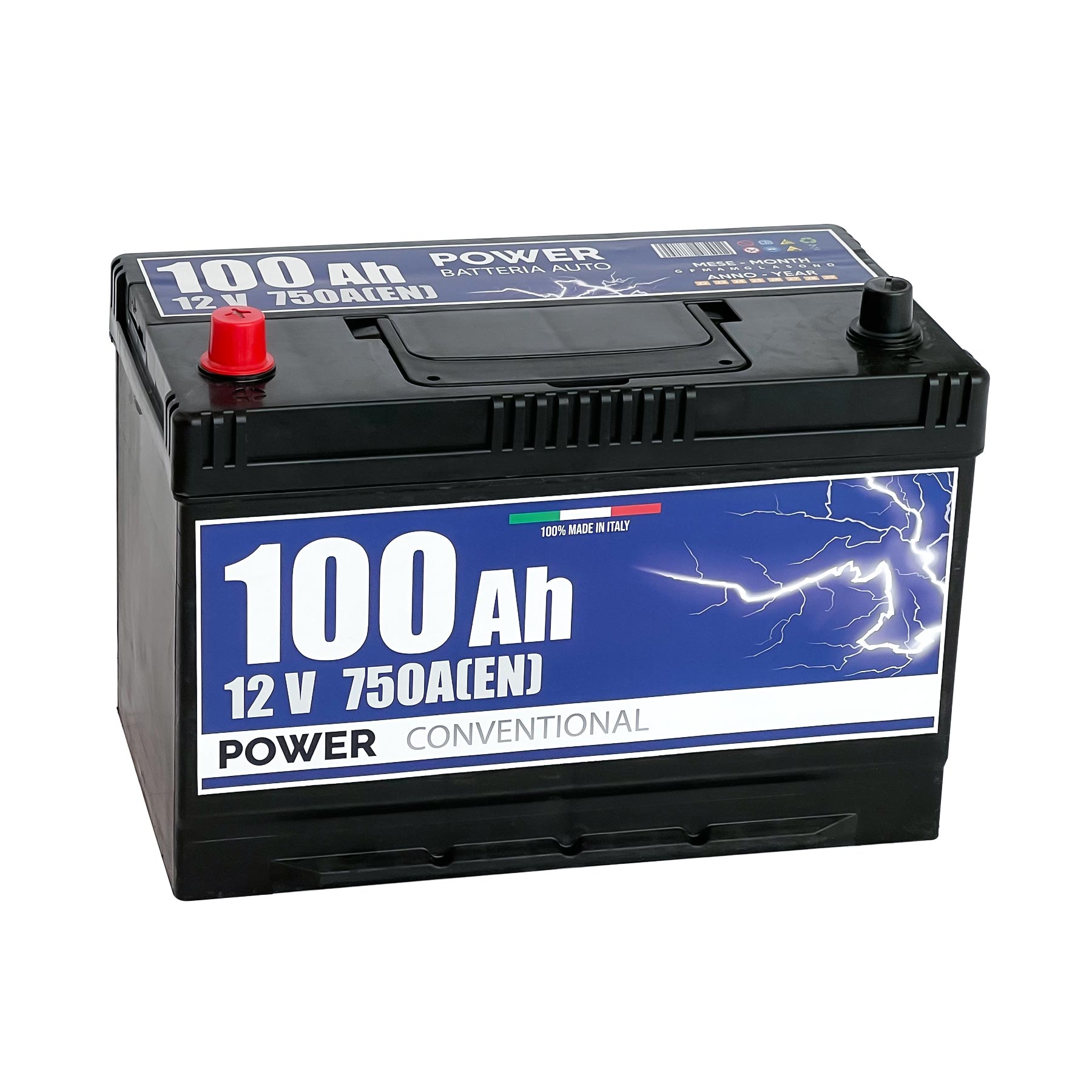 Batteria originale Power Conventional PB1005, dimensioni 306 x 172 x 225, polo positivo a sinistra, 12 volt, 100 amperora, 750 ampere. Batteria per auto e veicoli leggeri.