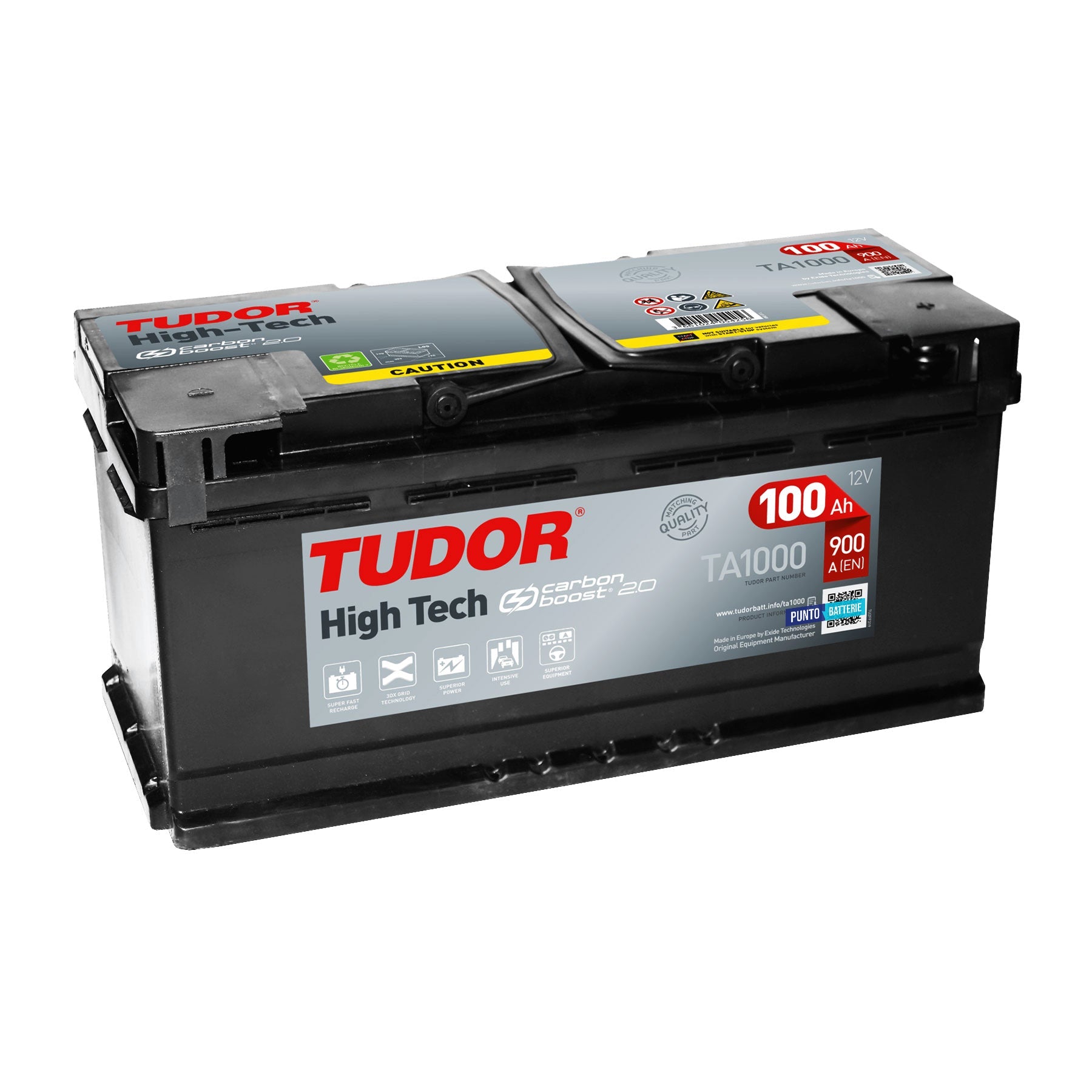Batteria originale Tudor High Tech TA1000, dimensioni 353 x 175 x 190, polo positivo a destra, 12 volt, 100 amperora, 900 ampere. Batteria per auto e veicoli leggeri.