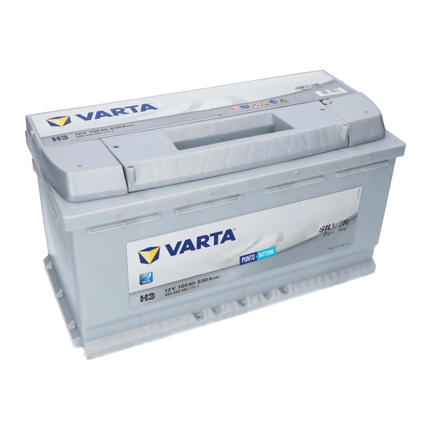 Batteria originale Varta Silver Dynamic H3, dimensioni 353 x 175 x 190, polo positivo a destra, 12 volt, 100 amperora, 830 ampere. Batteria per auto e veicoli leggeri.
