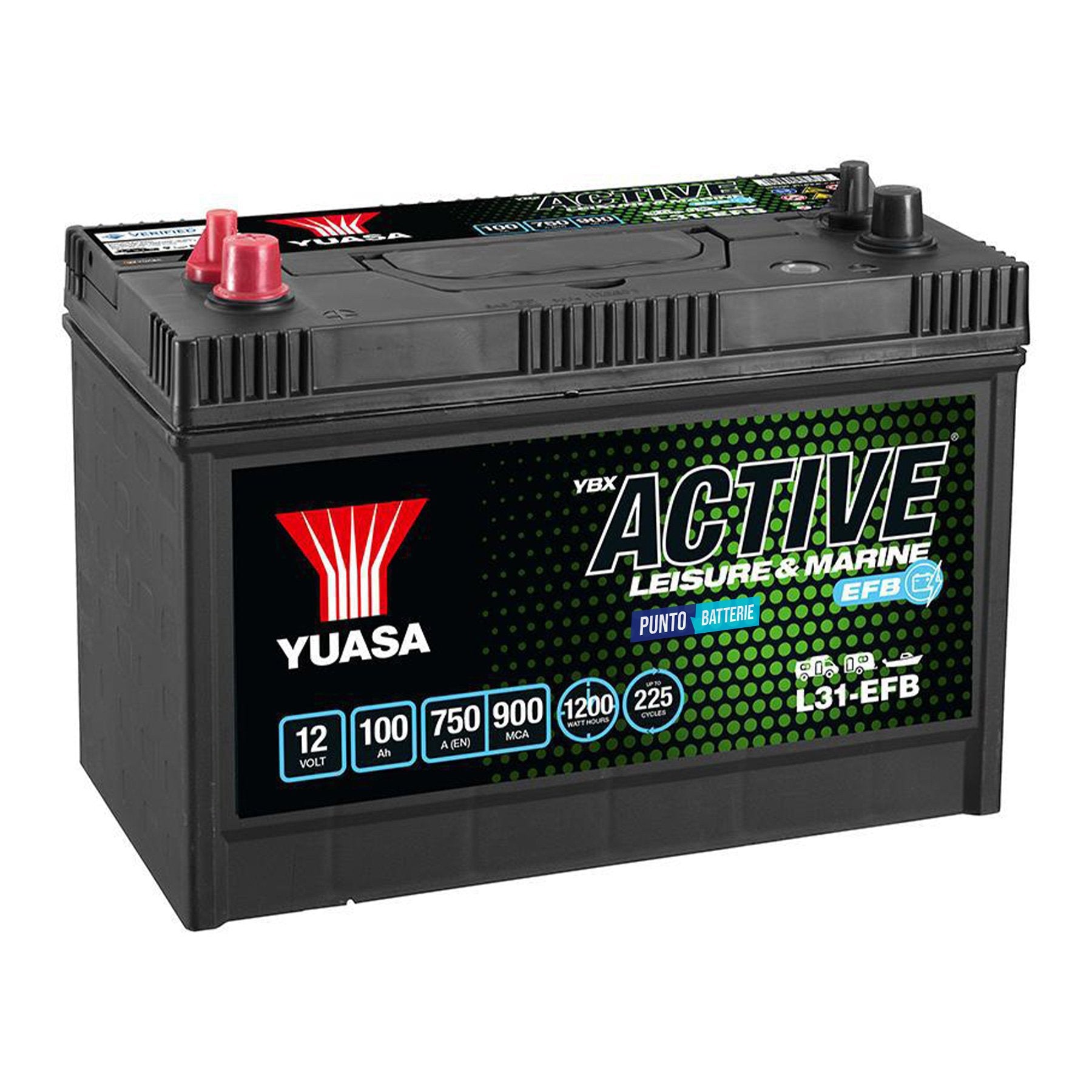 Batteria originale Yuasa YBX ACTIVE Leisure e Marine L31-EFB, dimensioni 330 x 173 x 240, 12 volt, 100 amperora, EFB. Batteria per servizi di camper, barca e applicazioni a scarica lenta.