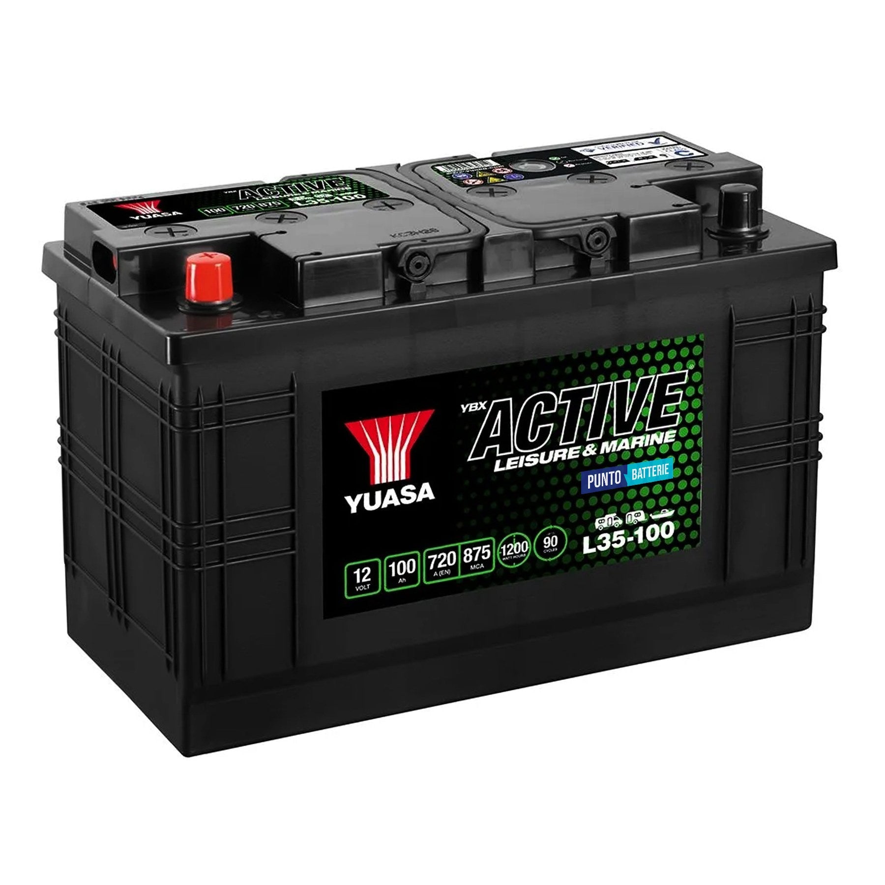 Batteria originale Yuasa YBX ACTIVE Leisure e Marine L35-100, dimensioni 352 x 175 x 227, 12 volt, 100 amperora. Batteria per servizi di camper, barca e applicazioni a scarica lenta.