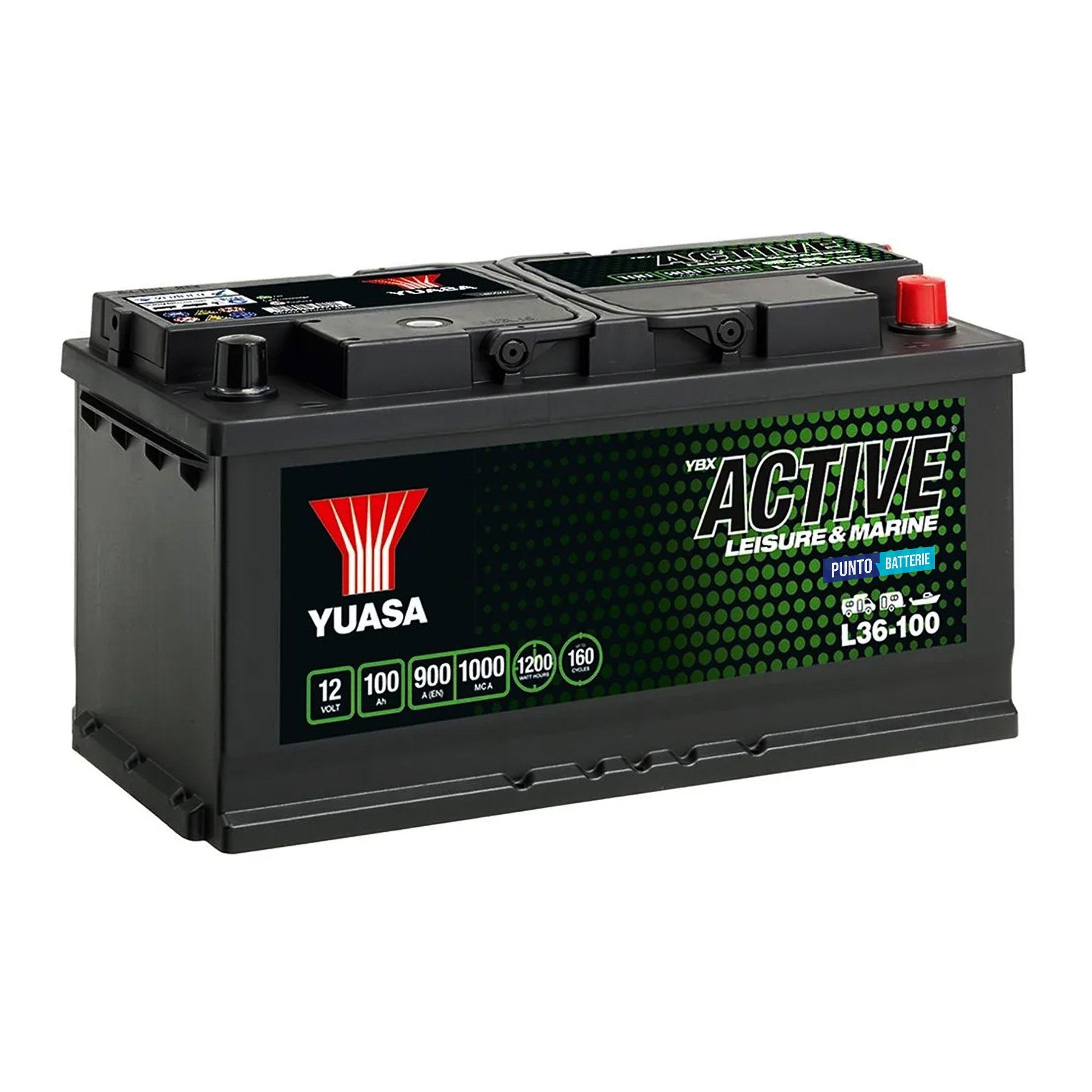 Batteria originale Yuasa YBX ACTIVE Leisure e Marine L36-100, dimensioni 353 x 175 x 190, 12 volt, 100 amperora. Batteria per servizi di camper, barca e applicazioni a scarica lenta.