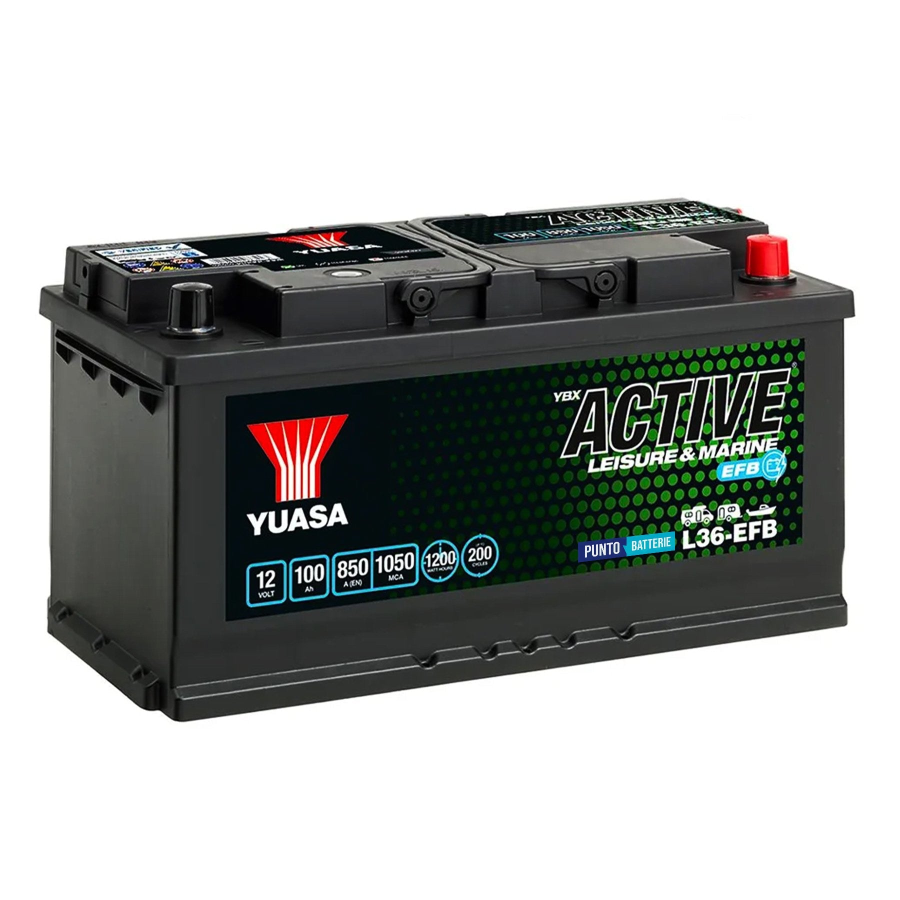 Batteria originale Yuasa YBX ACTIVE Leisure e Marine L36-EFB, dimensioni 353 x 175 x 190, 12 volt, 100 amperora, EFB. Batteria per servizi di camper, barca e applicazioni a scarica lenta.