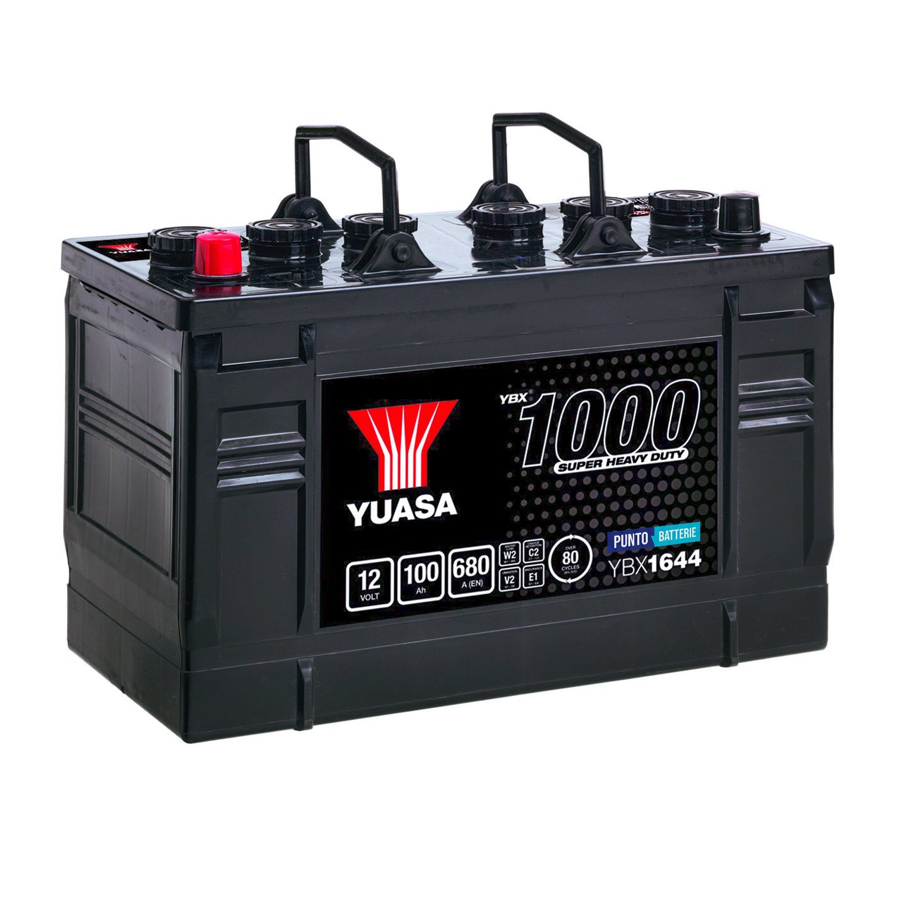 Batteria originale Yuasa YBX1000 YBX1644, dimensioni 347 x 174 x 235, polo positivo a destra, 12 volt, 100 amperora, 680 ampere. Batteria per camion e veicoli pesanti.