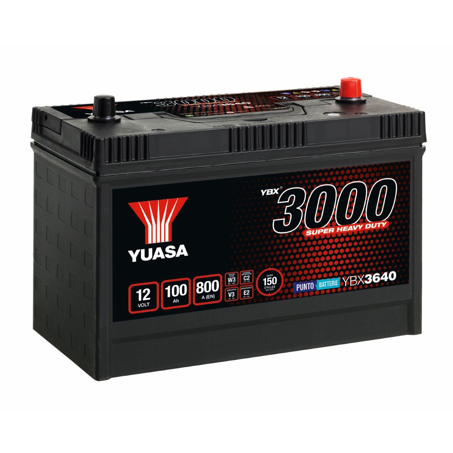 Batteria originale Yuasa YBX3000 YBX3640, dimensioni 329 x 173 x 240, polo positivo a sinistra, 12 volt, 100 amperora, 800 ampere. Batteria per camion e veicoli pesanti.