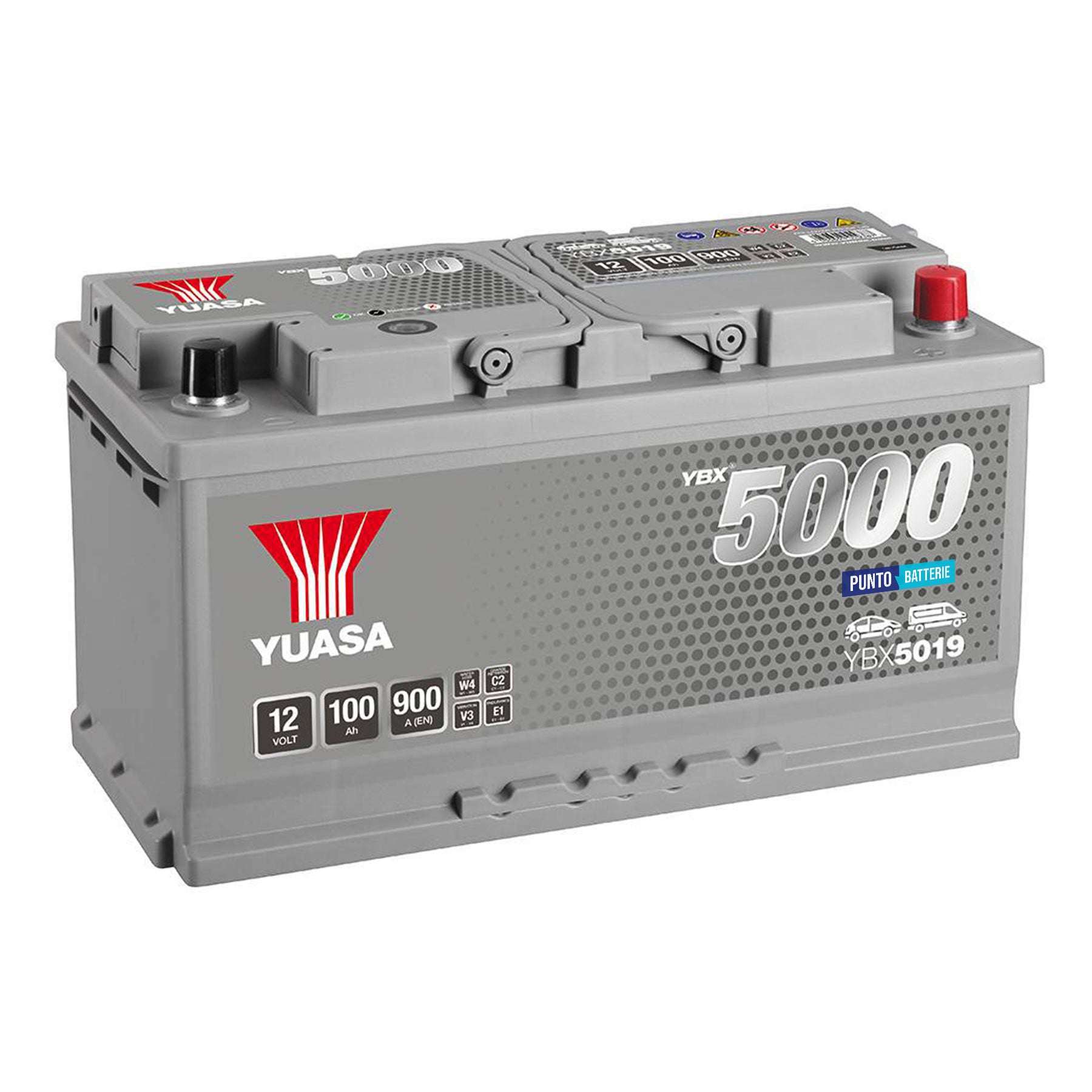 Batteria originale Yuasa YBX5000 YBX5019, dimensioni 353 x 175 x 190, polo positivo a destra, 12 volt, 100 amperora, 900 ampere. Batteria per auto e veicoli leggeri.