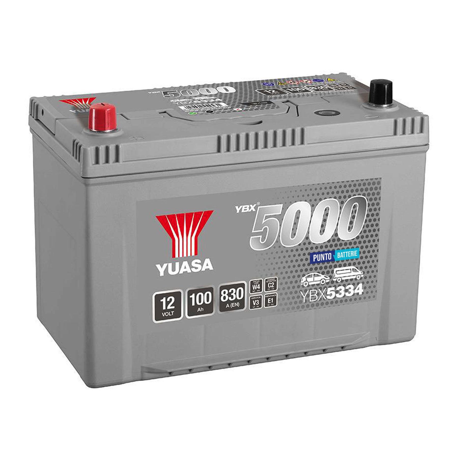 Batteria originale Yuasa YBX5000 YBX5334, dimensioni 304 x 173 x 225, polo positivo a sinistra, 12 volt, 100 amperora, 830 ampere. Batteria per auto e veicoli leggeri.