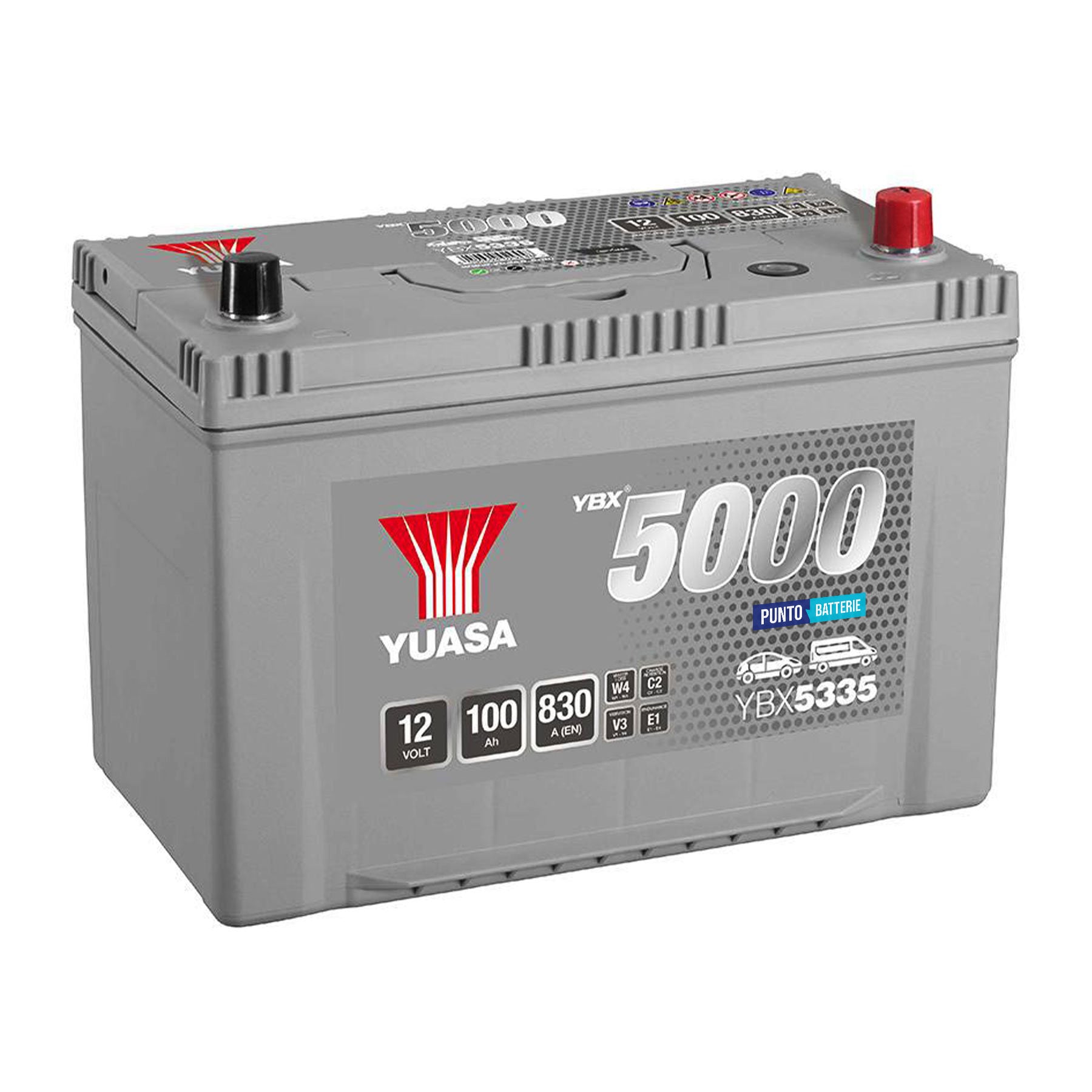 Batteria originale Yuasa YBX5000 YBX5335, dimensioni 304 x 173 x 225, polo positivo a destra, 12 volt, 100 amperora, 830 ampere. Batteria per auto e veicoli leggeri.