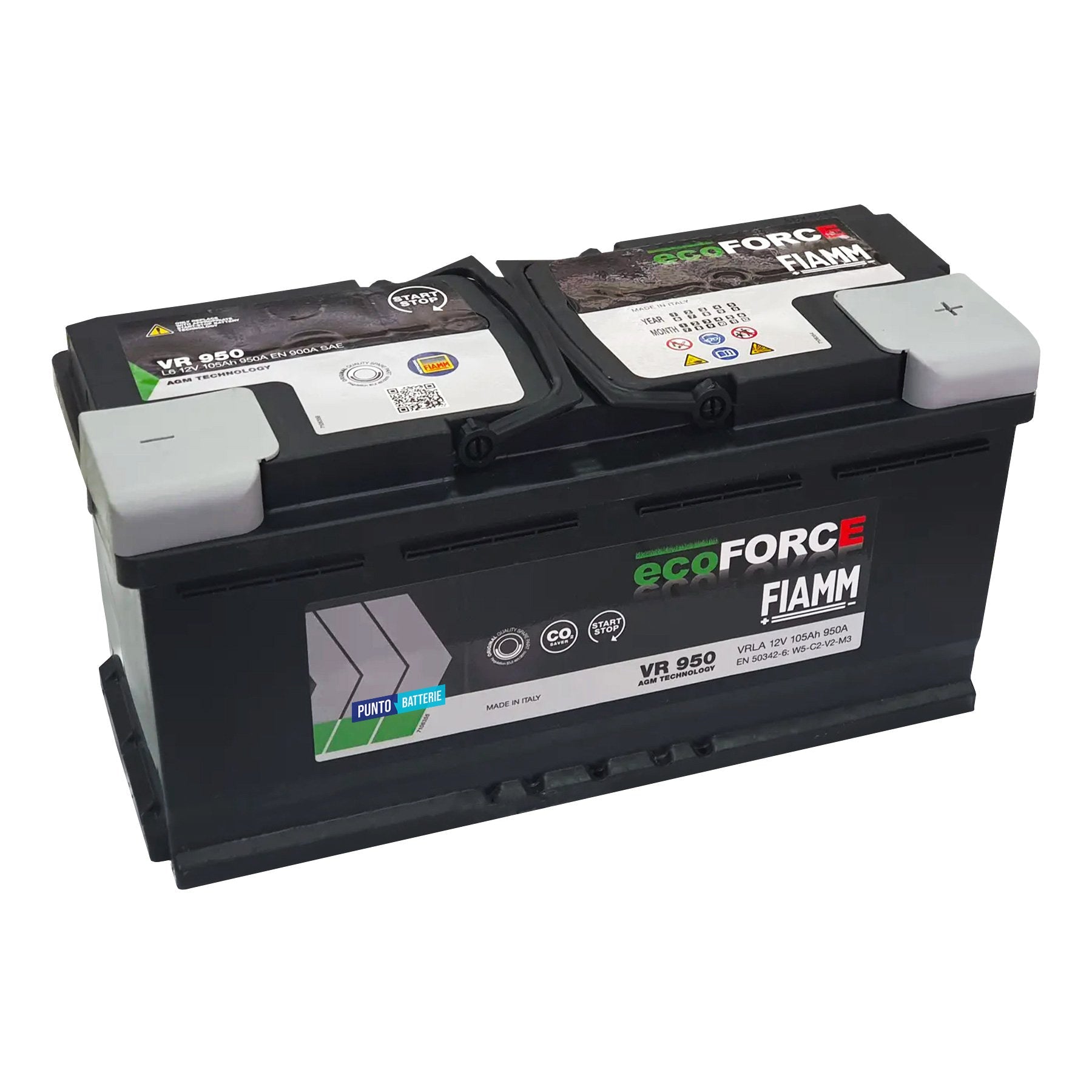 Batteria originale Fiamm EcoFORCE AGM VR 950, dimensioni 394 x 175 x 190, polo positivo a destra, 12 volt, 105 amperora, 950 ampere, AGM. Batteria per auto e veicoli leggeri con start e stop.