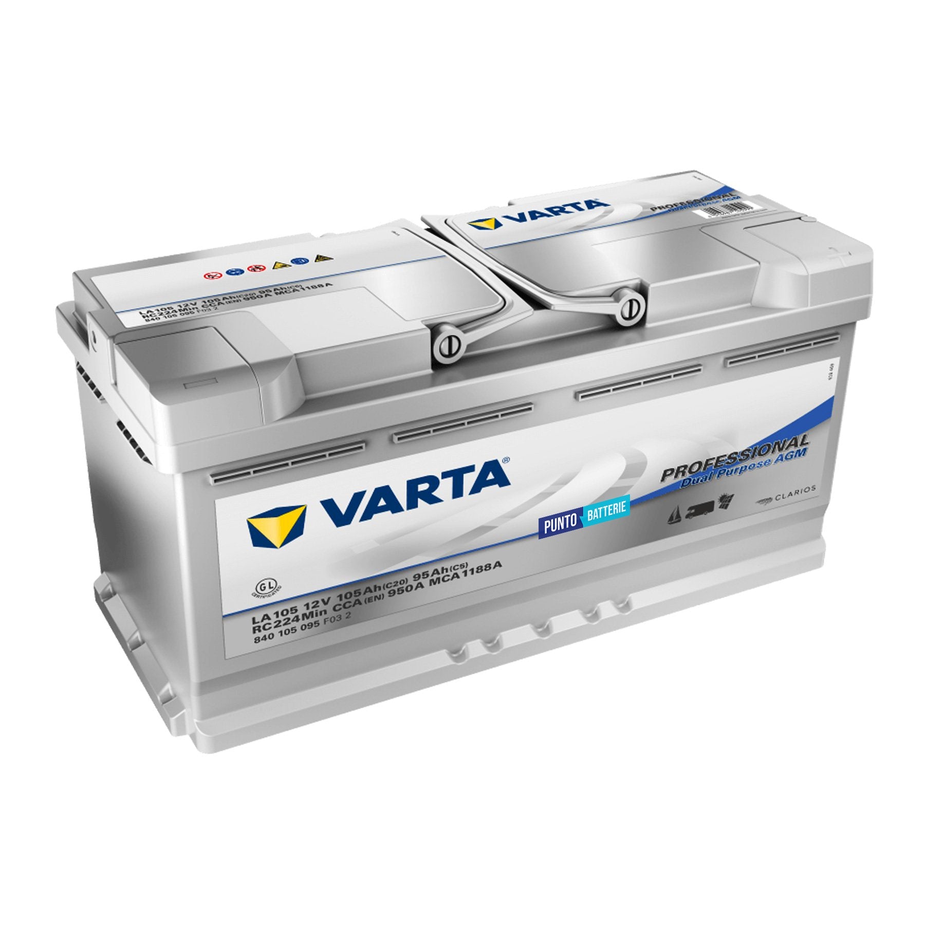 Batteria originale Varta Professional Dual Purpose AGM LA105, dimensioni 394 x 175 x 190, 12 volt, 105 amperora, AGM. Batteria per servizi di camper, barca e applicazioni a scarica lenta.