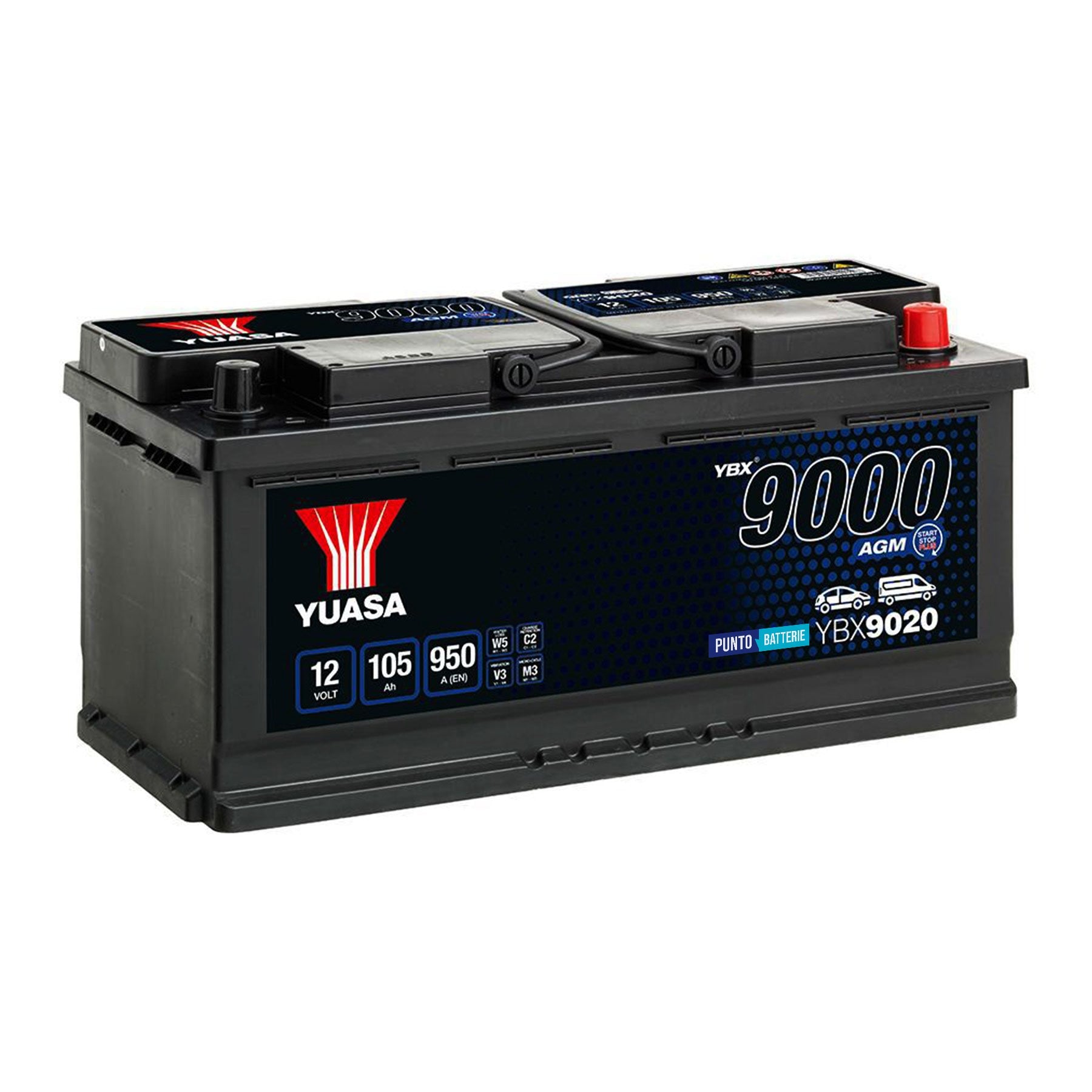 Batteria originale Yuasa YBX9000 YBX9020, dimensioni 393 x 175 x 190, polo positivo a destra, 12 volt, 105 amperora, 950 ampere, AGM. Batteria per auto e veicoli leggeri con start e stop.