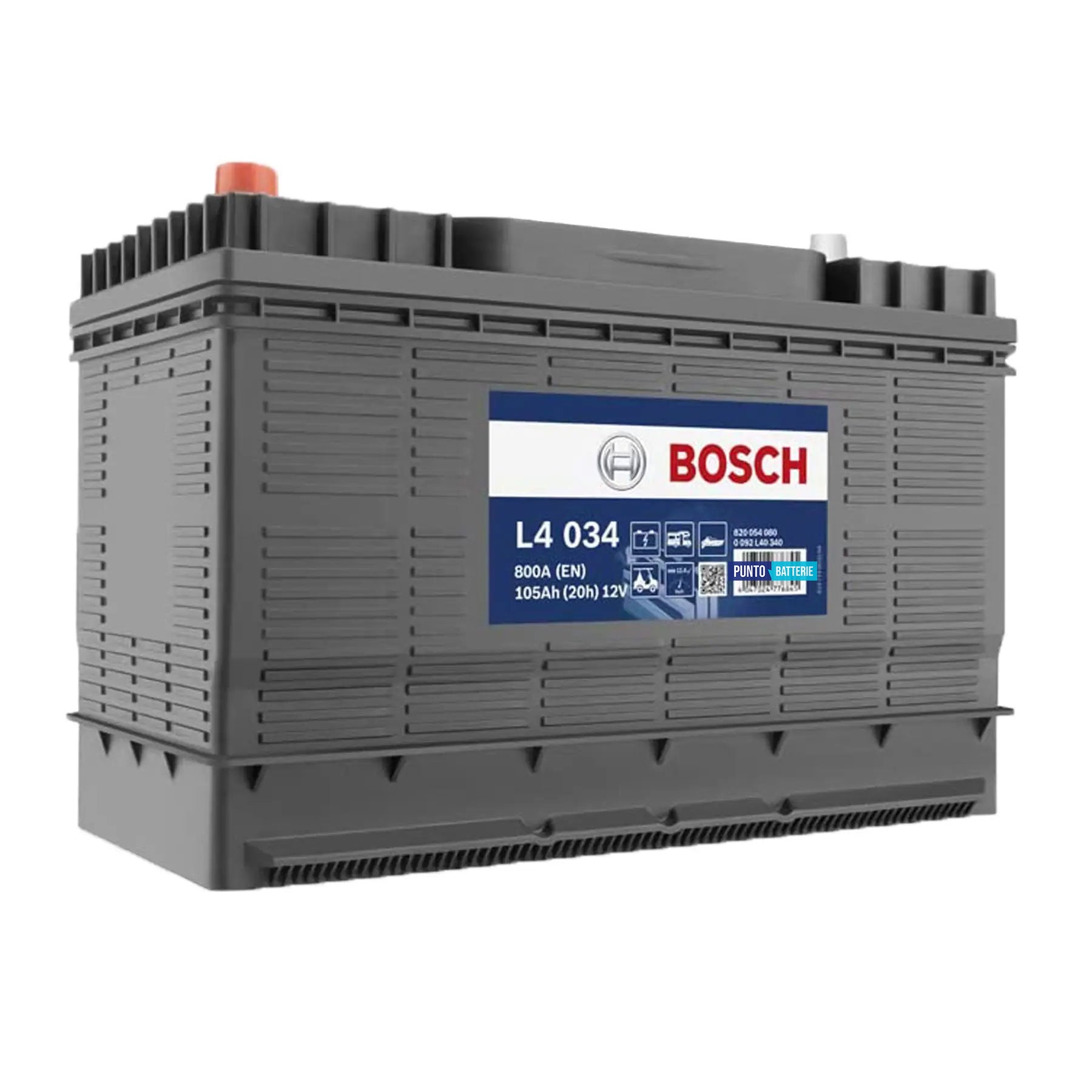 Batteria originale Bosch L4 L4 034, dimensioni 330 x 172 x 238, 12 volt, 105 amperora. Batteria per servizi di camper, barca e applicazioni a scarica lenta.
