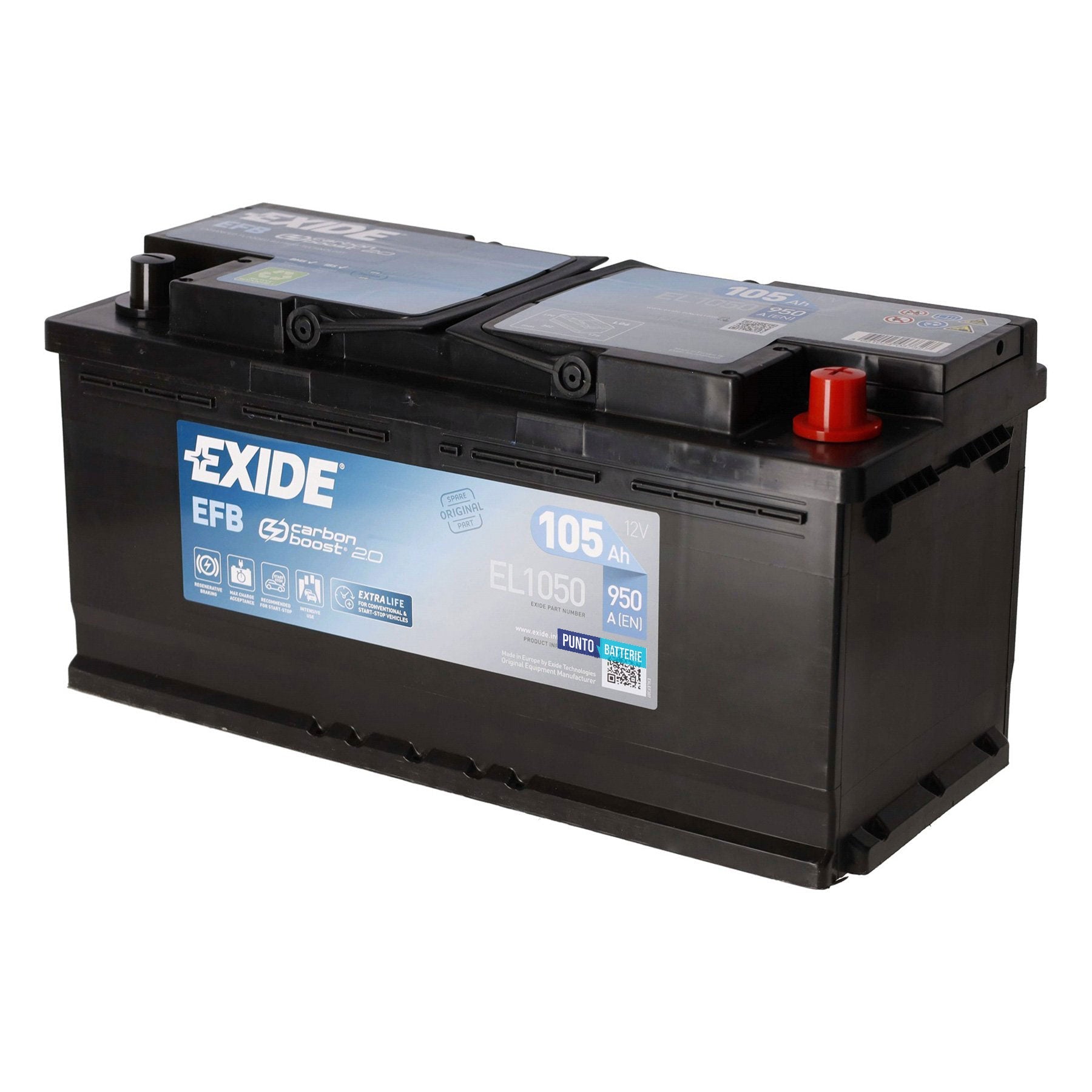 Batteria originale Exide EFB EL1050, dimensioni 392 x 175 x 190, polo positivo a destra, 12 volt, 105 amperora, 950 ampere, EFB. Batteria per auto e veicoli leggeri con start e stop.