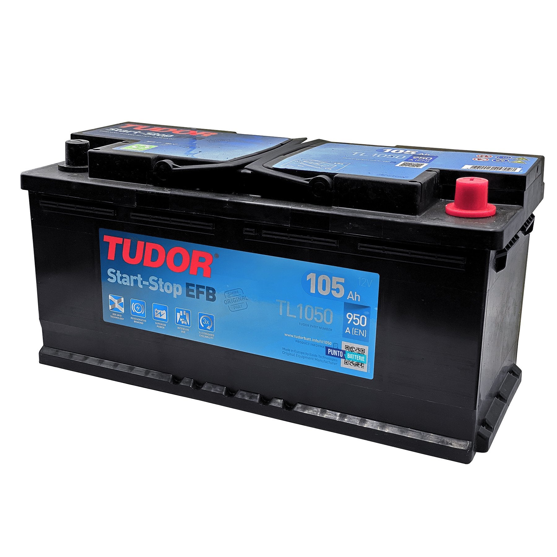Batteria originale Tudor EFB TL1050, dimensioni 392 x 175 x 190, polo positivo a destra, 12 volt, 105 amperora, 950 ampere, EFB. Batteria per auto e veicoli leggeri con start e stop.