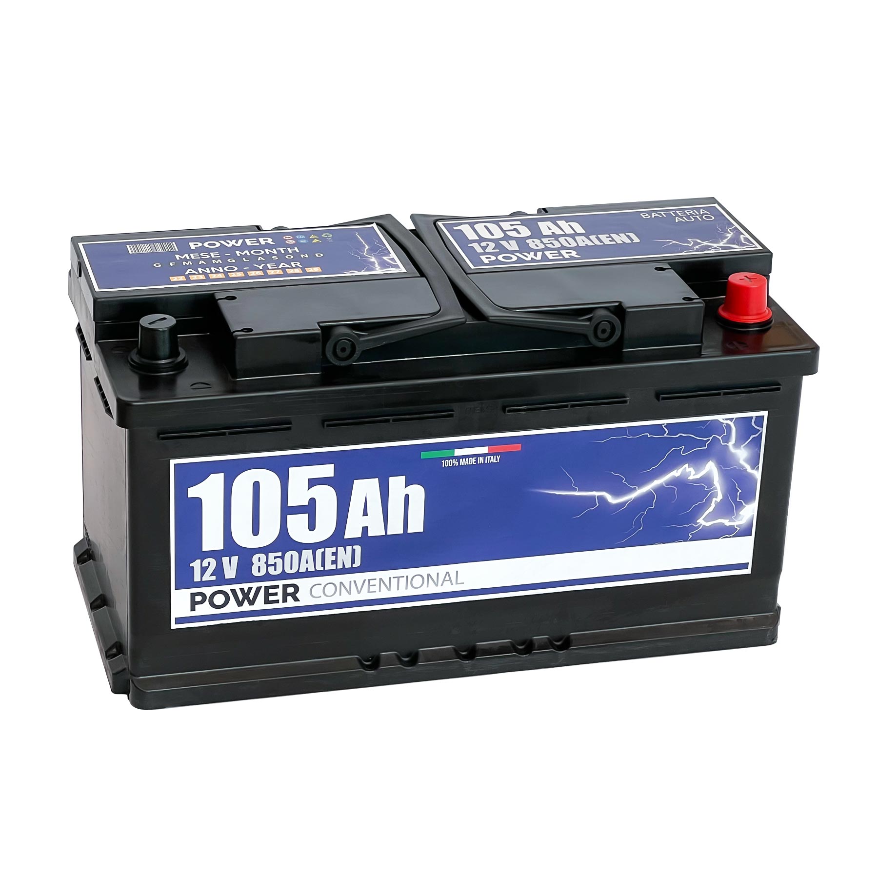 Batteria originale Power Conventional PB1050, dimensioni 350 x 175 x 190, polo positivo a destra, 12 volt, 105 amperora, 850 ampere. Batteria per auto e veicoli leggeri.