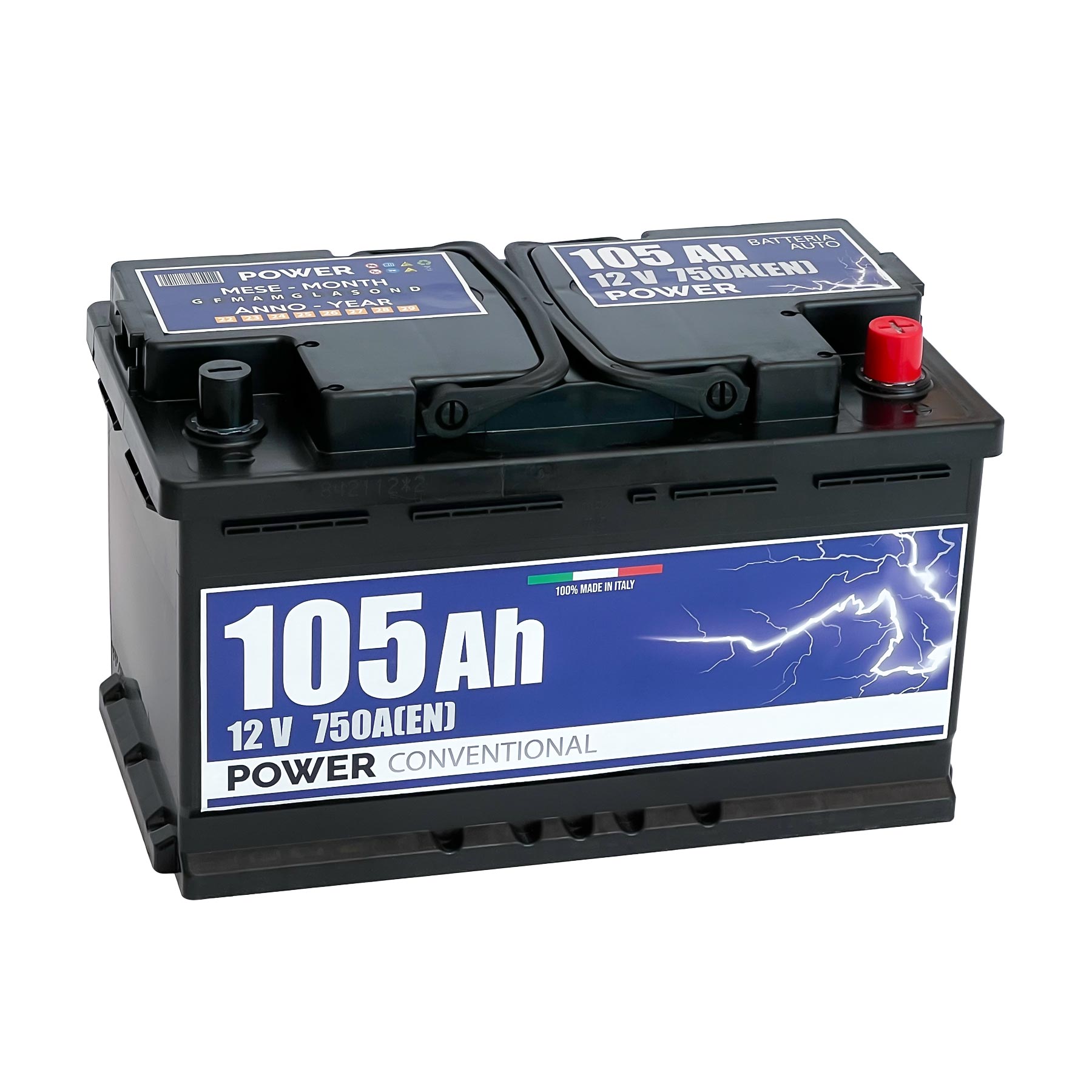 Batteria originale Power Conventional PB1052, dimensioni 313 x 175 x 205, polo positivo a destra, 12 volt, 105 amperora, 750 ampere. Batteria per auto e veicoli leggeri.