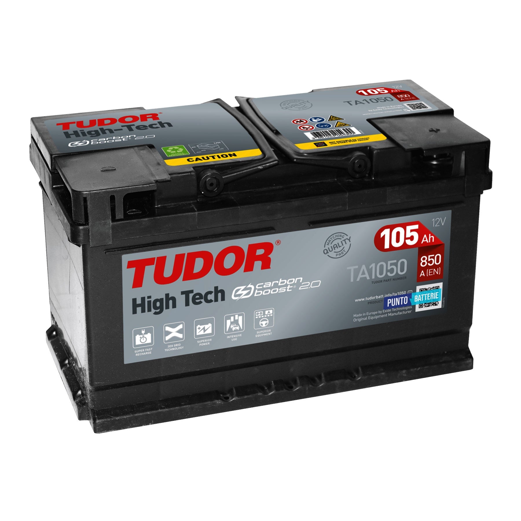 Batteria originale Tudor High Tech TA1050, dimensioni 315 x 175 x 205, polo positivo a destra, 12 volt, 105 amperora, 850 ampere. Batteria per auto e veicoli leggeri.
