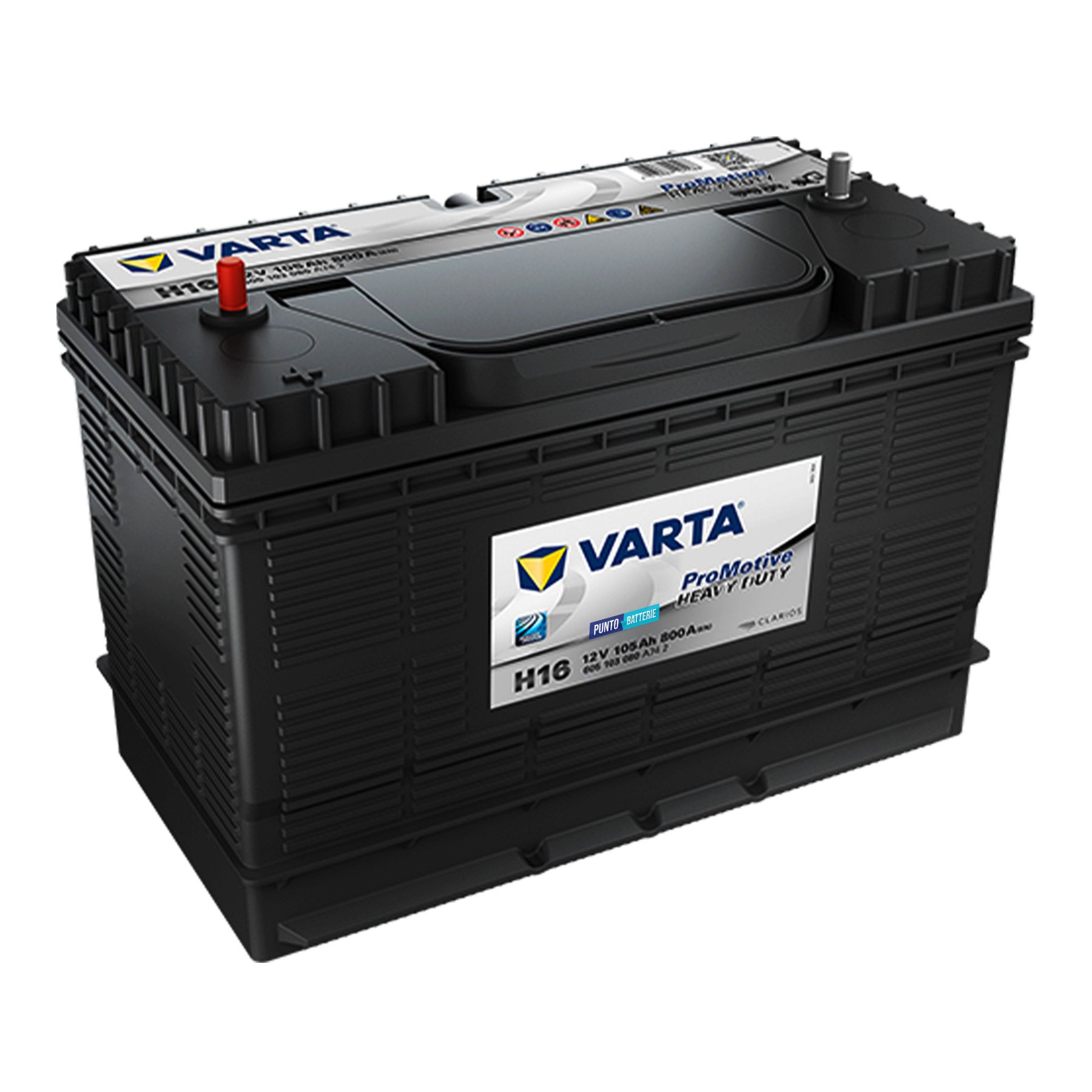 Batteria originale Varta Promotive Heavy Duty H16, dimensioni 330 x 172 x 240, polo positivo a sinistra, 12 volt, 105 amperora, 800 ampere. Batteria per camion e veicoli pesanti.