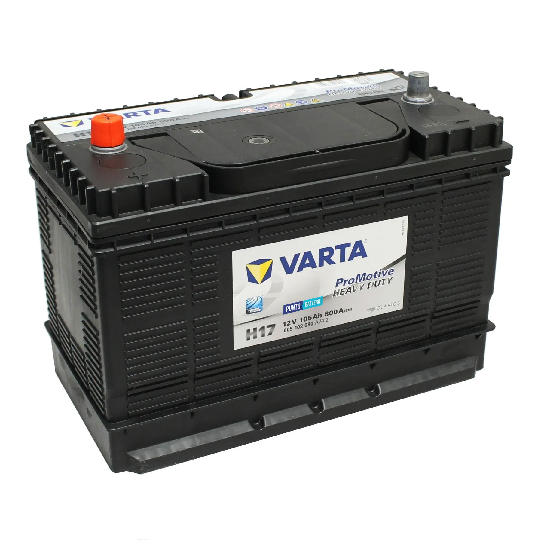 Batteria originale Varta Promotive Heavy Duty H17, dimensioni 330 x 172 x 240, polo positivo a sinistra, 12 volt, 105 amperora, 800 ampere. Batteria per camion e veicoli pesanti.