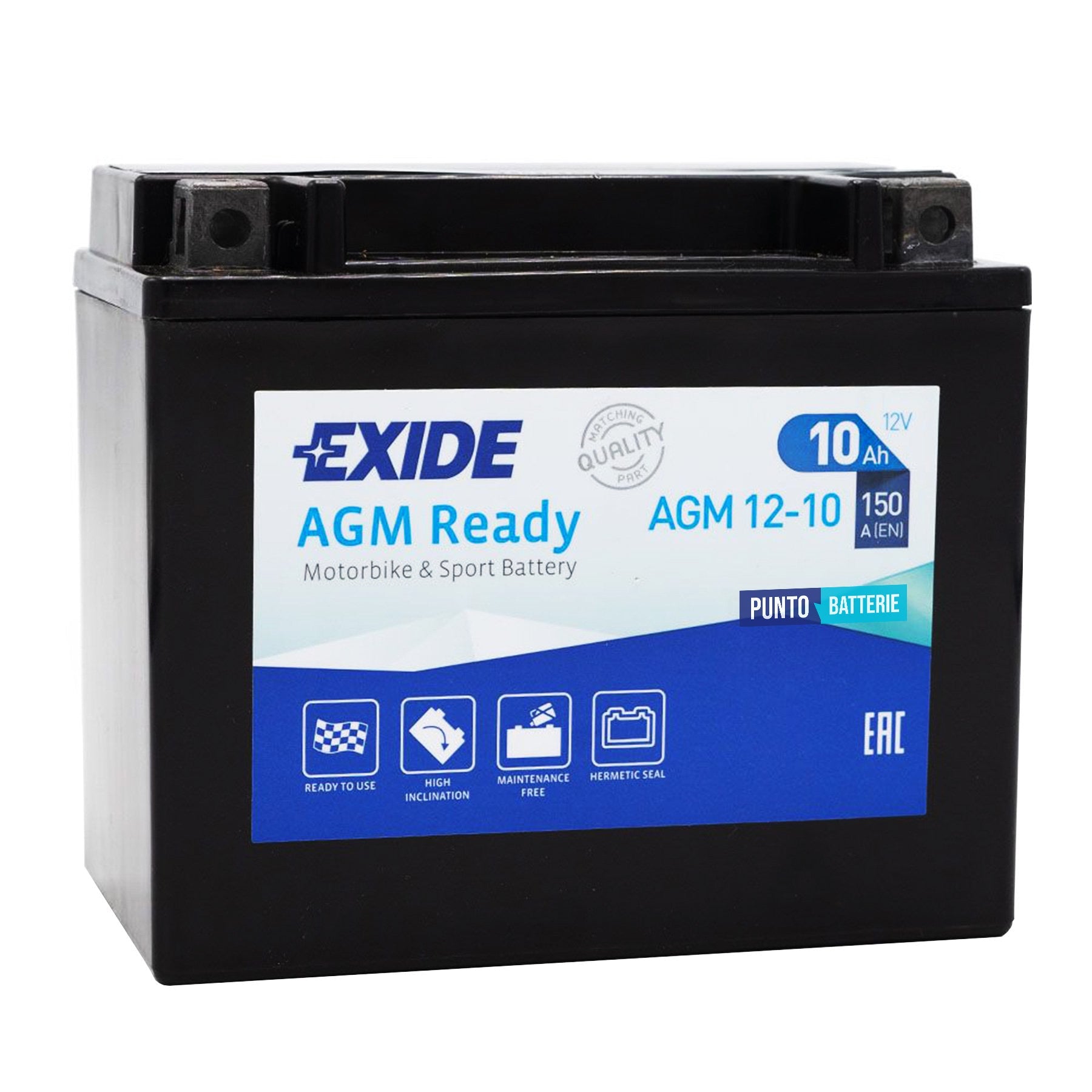 Batteria originale Exide AGM Ready AGM12-10, dimensioni 150 x 90 x 130, polo positivo a sinistra, 12 volt, 10 amperora, 150 ampere. Batteria per moto, scooter e powersport.