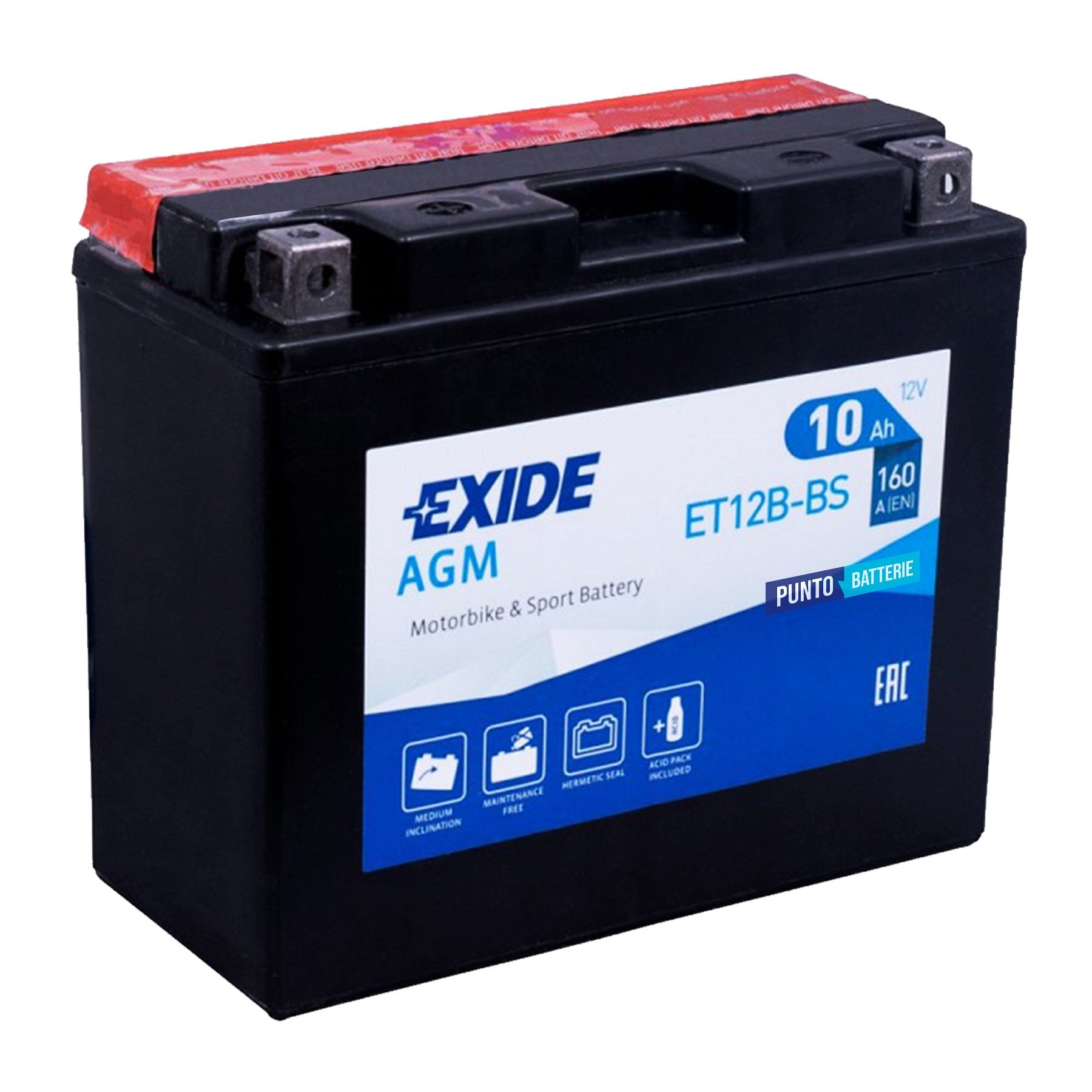 Batteria originale Exide AGM ET12B-BS, dimensioni 150 x 70 x 130, polo positivo a sinistra, 12 volt, 10 amperora, 160 ampere. Batteria per moto, scooter e powersport.