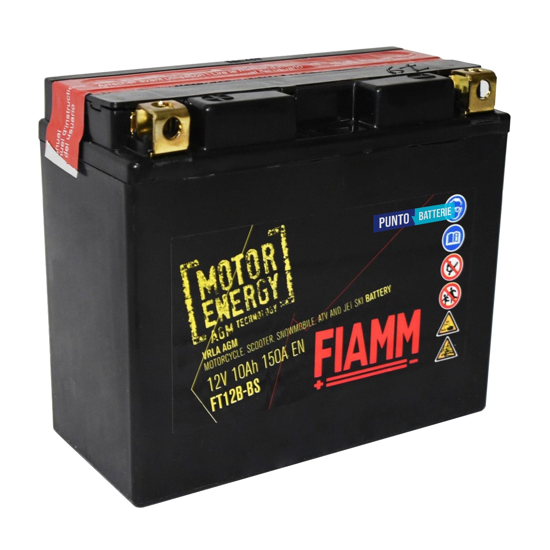 Batteria originale Fiamm Motor Energy AGM FT12B-BS, dimensioni 150 x 70 x 130, polo positivo a sinistra, 12 volt, 10 amperora, 150 ampere. Batteria per moto, scooter e powersport.
