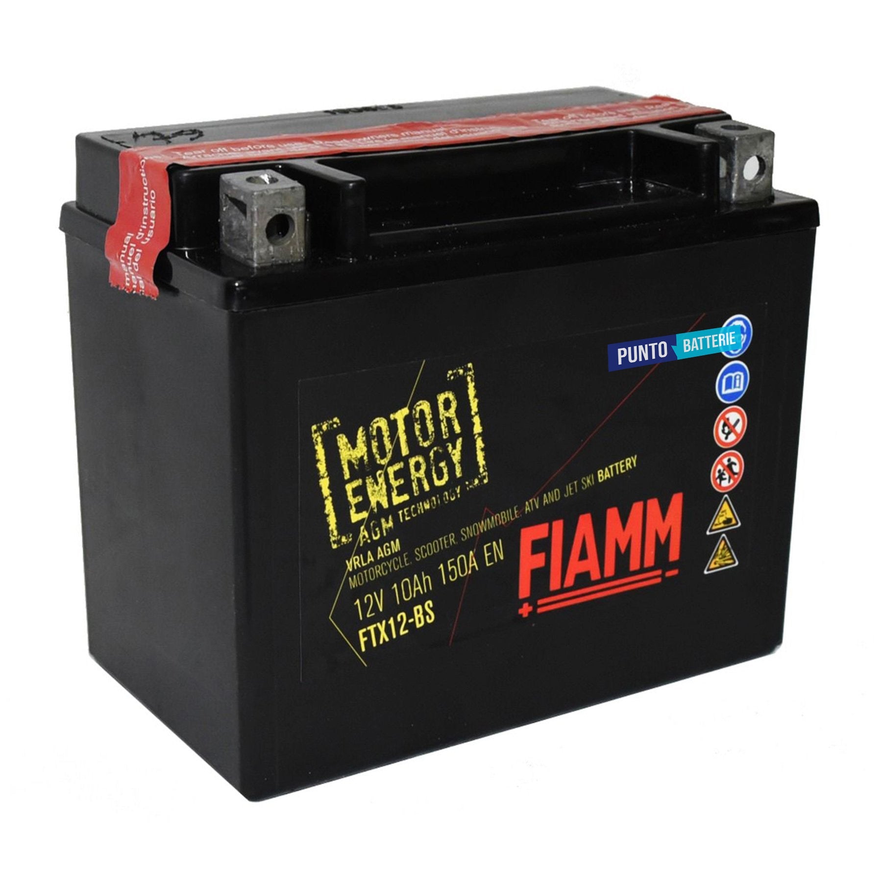 Batteria originale Fiamm Motor Energy AGM FTX12-BS, dimensioni 150 x 87 x 130, polo positivo a sinistra, 12 volt, 10 amperora, 150 ampere. Batteria per moto, scooter e powersport.