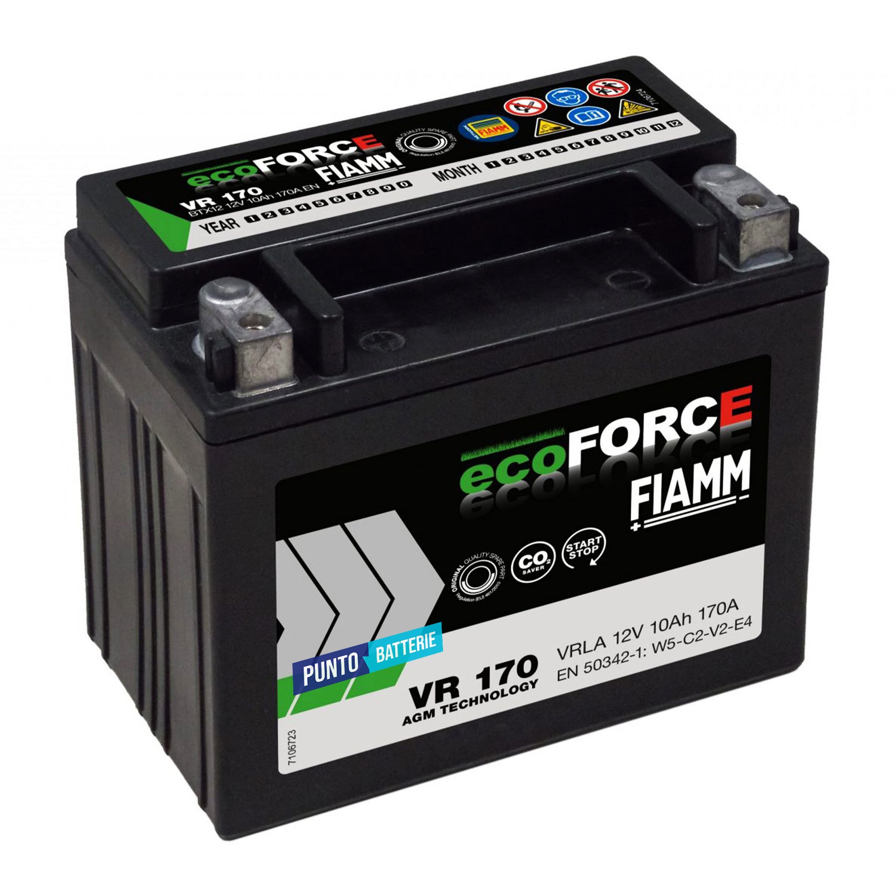 Batteria originale Fiamm EcoFORCE AGM VR 170, dimensioni 150 x 87 x 130, polo positivo a sinistra, 12 volt, 10 amperora, 170 ampere, EFB. Batteria ausiliaria per auto e veicoli leggeri con start e stop.