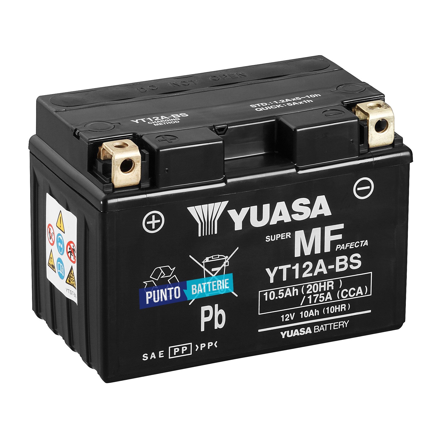 Batteria originale Yuasa YT YT12A-BS, dimensioni 150 x 87 x 105, polo positivo a sinistra, 12 volt, 10 amperora, 175 ampere. Batteria per moto, scooter e powersport.
