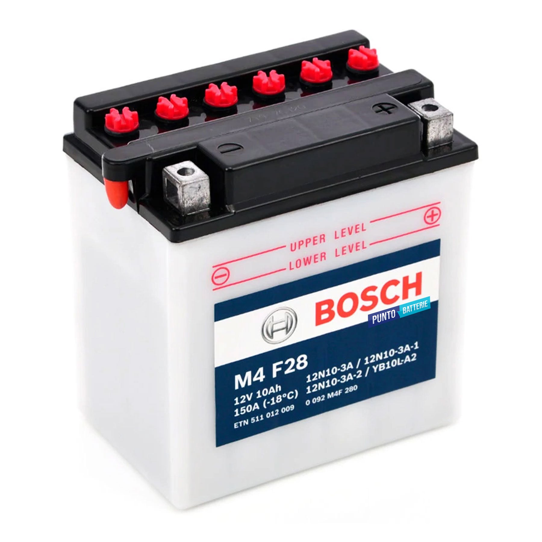 Batteria originale Bosch M4 M4F28, dimensioni 134 x 89 x 145, polo positivo a destra, 12 volt, 10 amperora, 150 ampere. Batteria per moto, scooter e powersport.