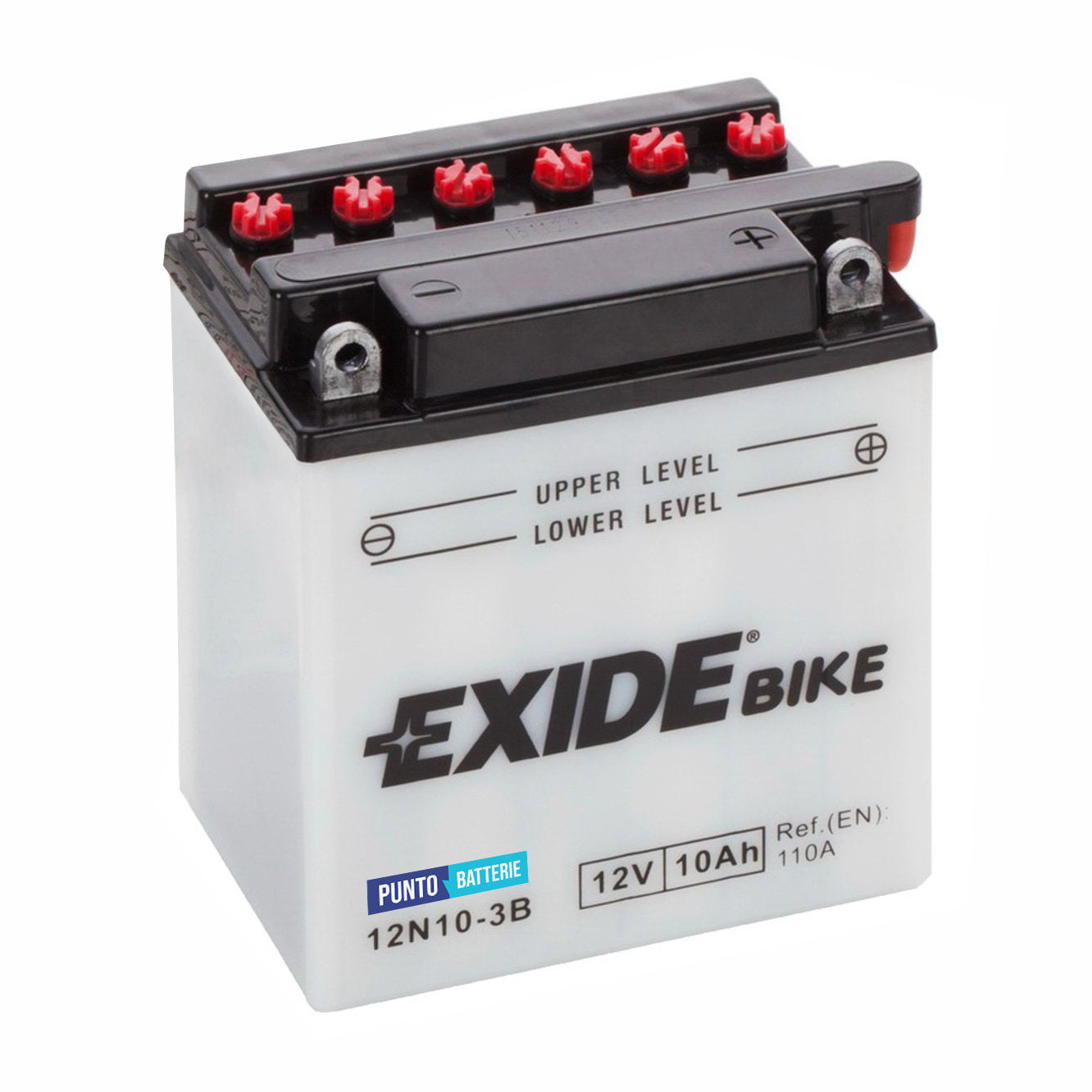 Batteria originale Exide Conventional 12N10-3B, dimensioni 135 x 90 x 145, polo positivo a destra, 12 volt, 10 amperora, 110 ampere. Batteria per moto, scooter e powersport.